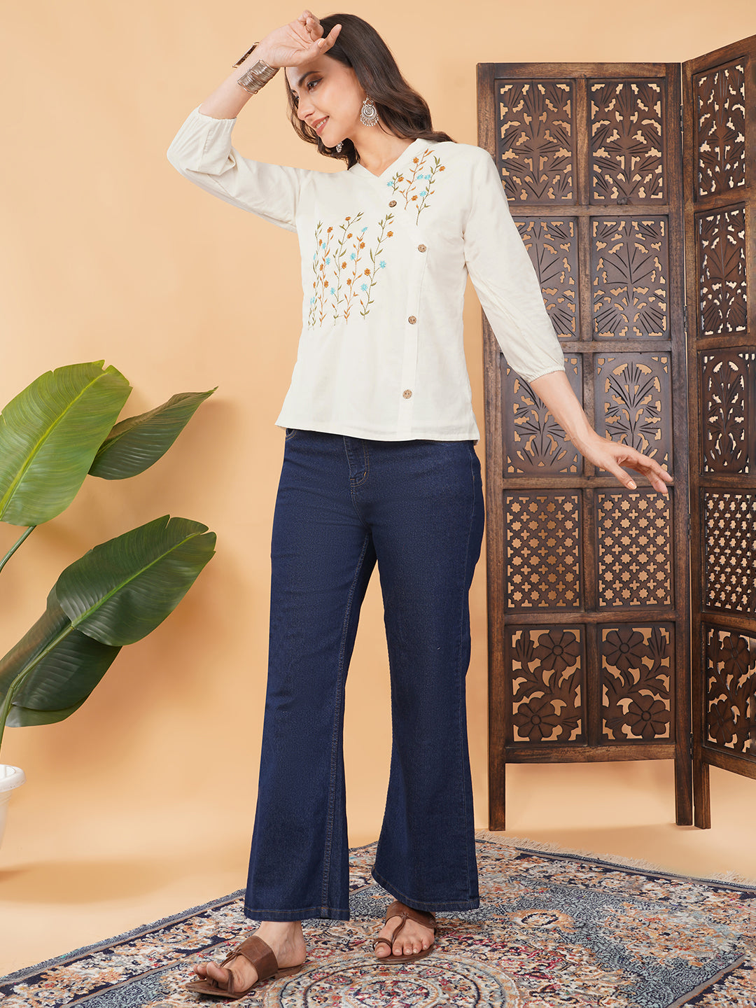 Off White Thread Embroidered Floral Tunic Top for Women | A-Line Short Kurti | Casual Office Wear