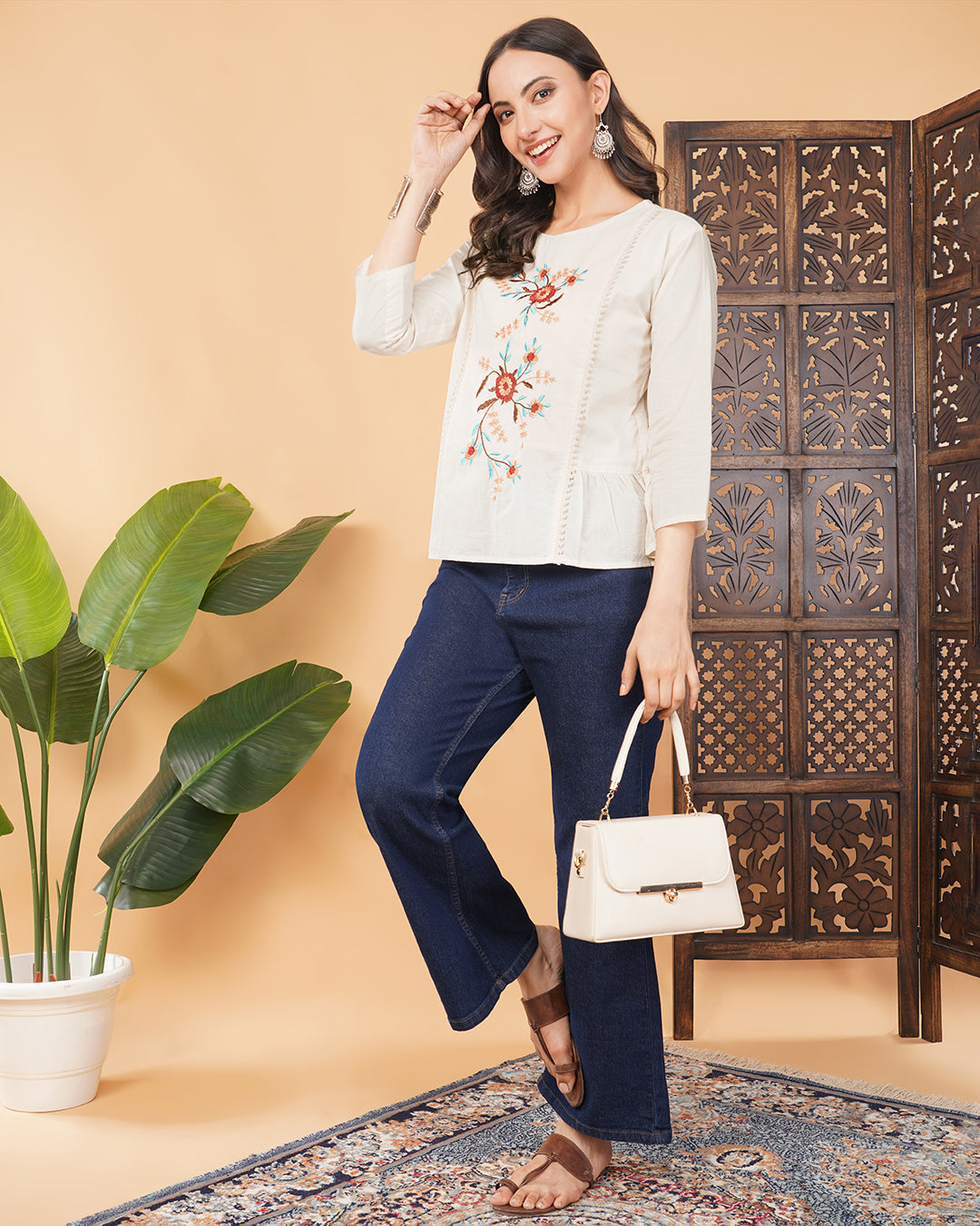Off White Thread Embroidered Floral Tunic Top for Women | Tiered A-Line Ethnic Top | Casual Office Wear (Copy)