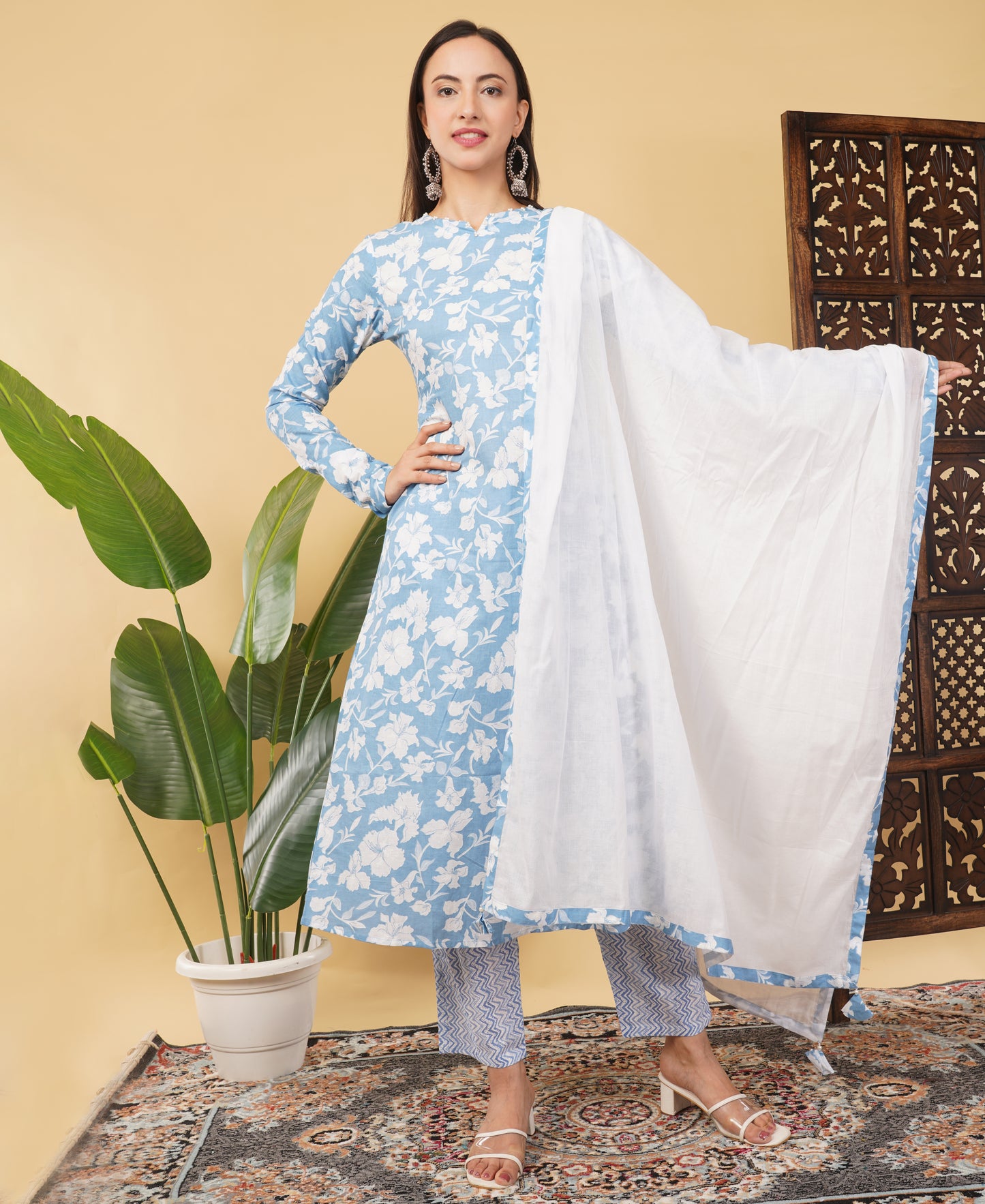 Cotton  A-line Kurti with pockets, comfy pant, and dupatta