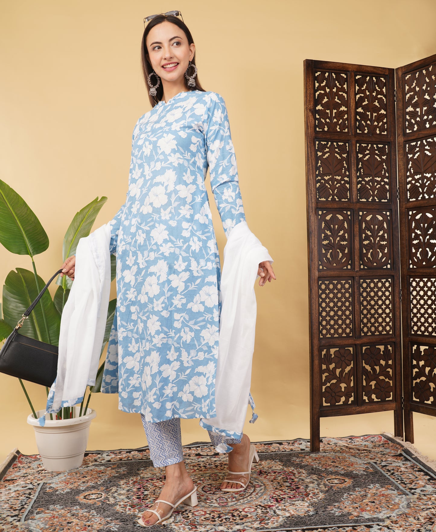 Cotton  A-line Kurti with pockets, comfy pant, and dupatta