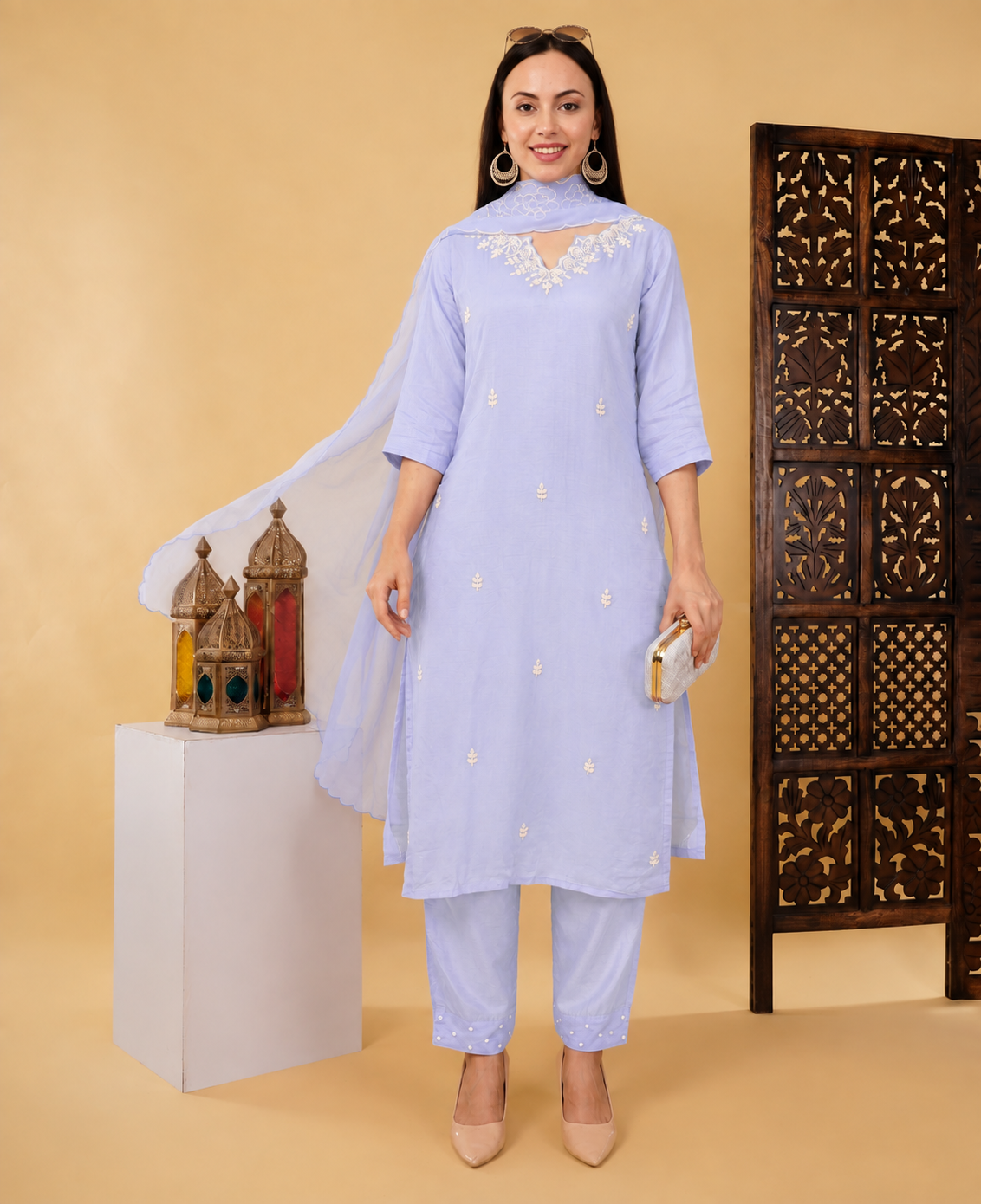 Embroidered Ethnic Kurta set with Pants and Dupatta For Women's | Festive Traditional Suit Set