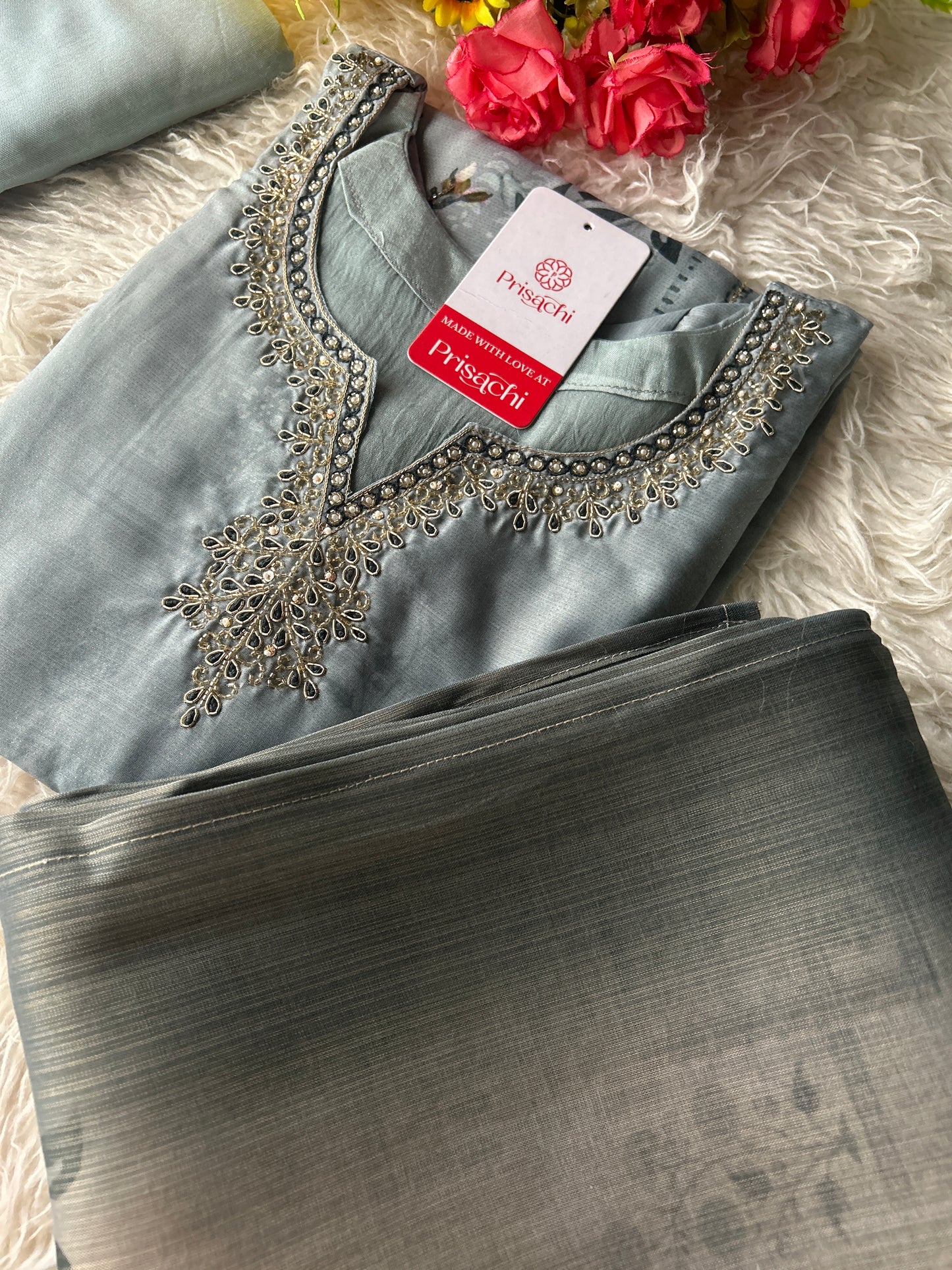 Gray embroidered kurta set with dupatta