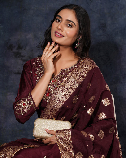 Brown hand embroidered kurta pant  with dupatta