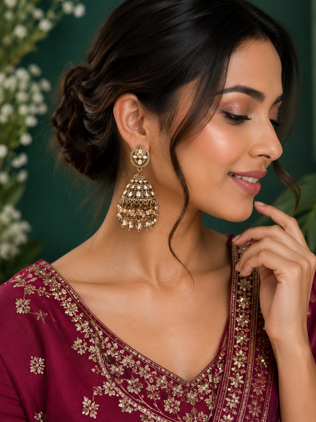 Gold-Plated Kundan Jhumka Earrings with Crystal Beads for Women