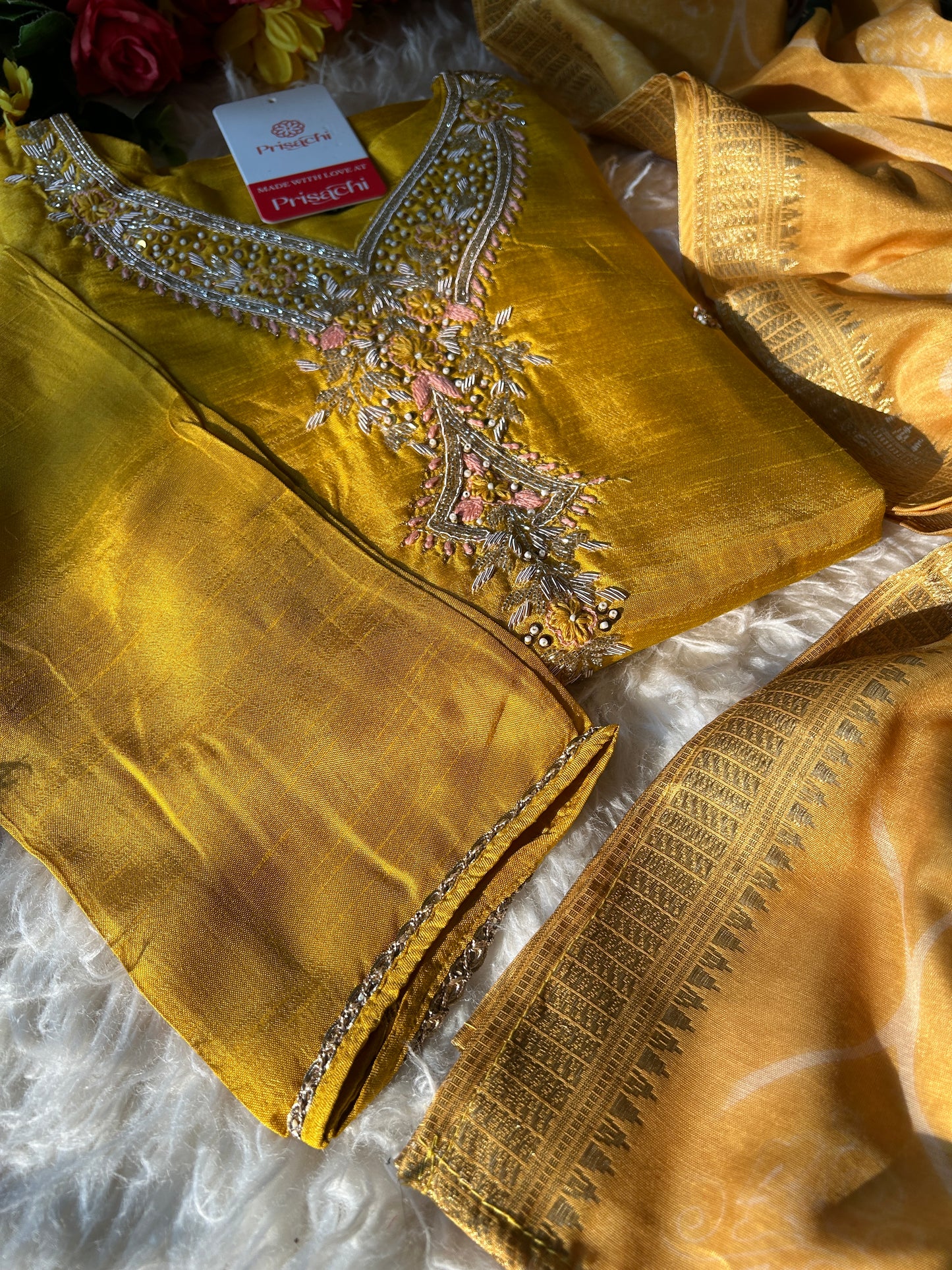 Yellow embroidered kurta set with dupatta