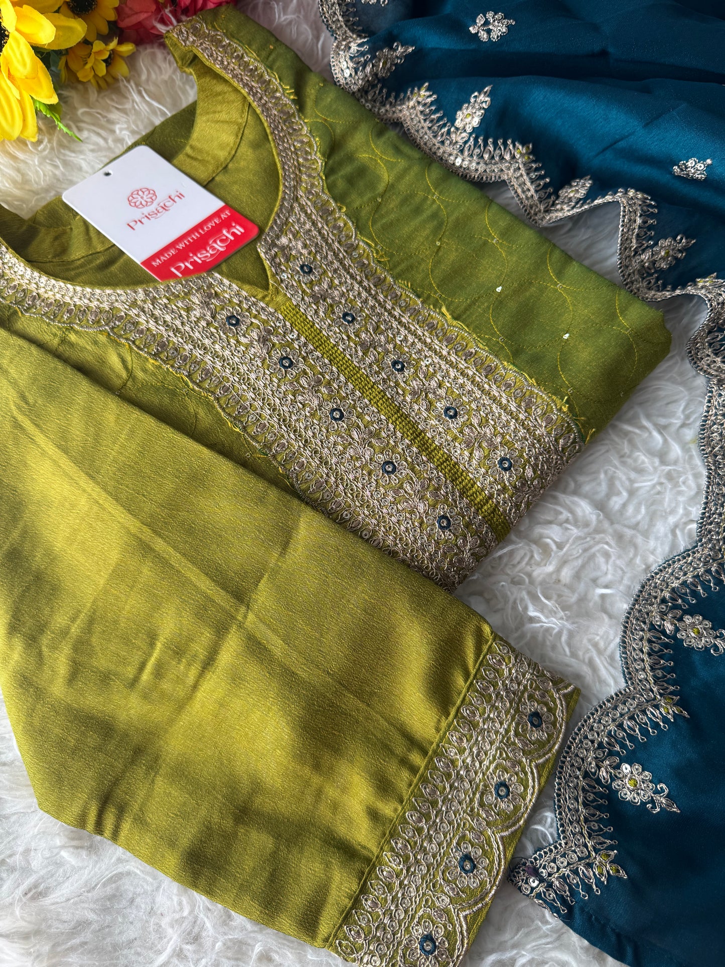 Green embroidered kurta set with contrast dupatta