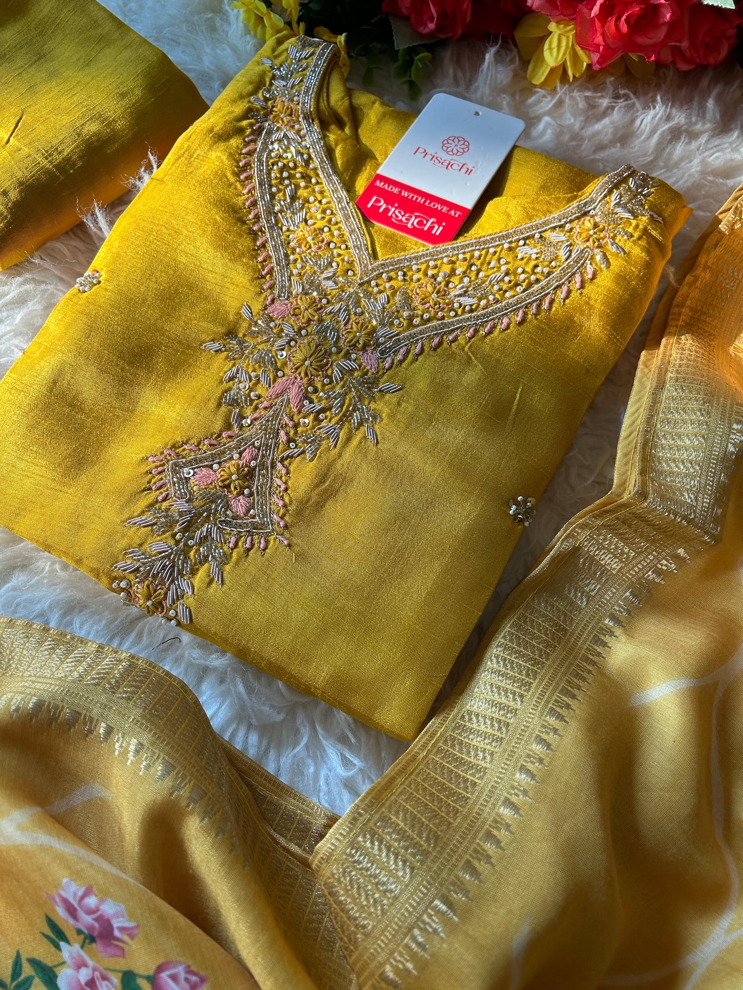 Yellow embroidered kurta set with dupatta