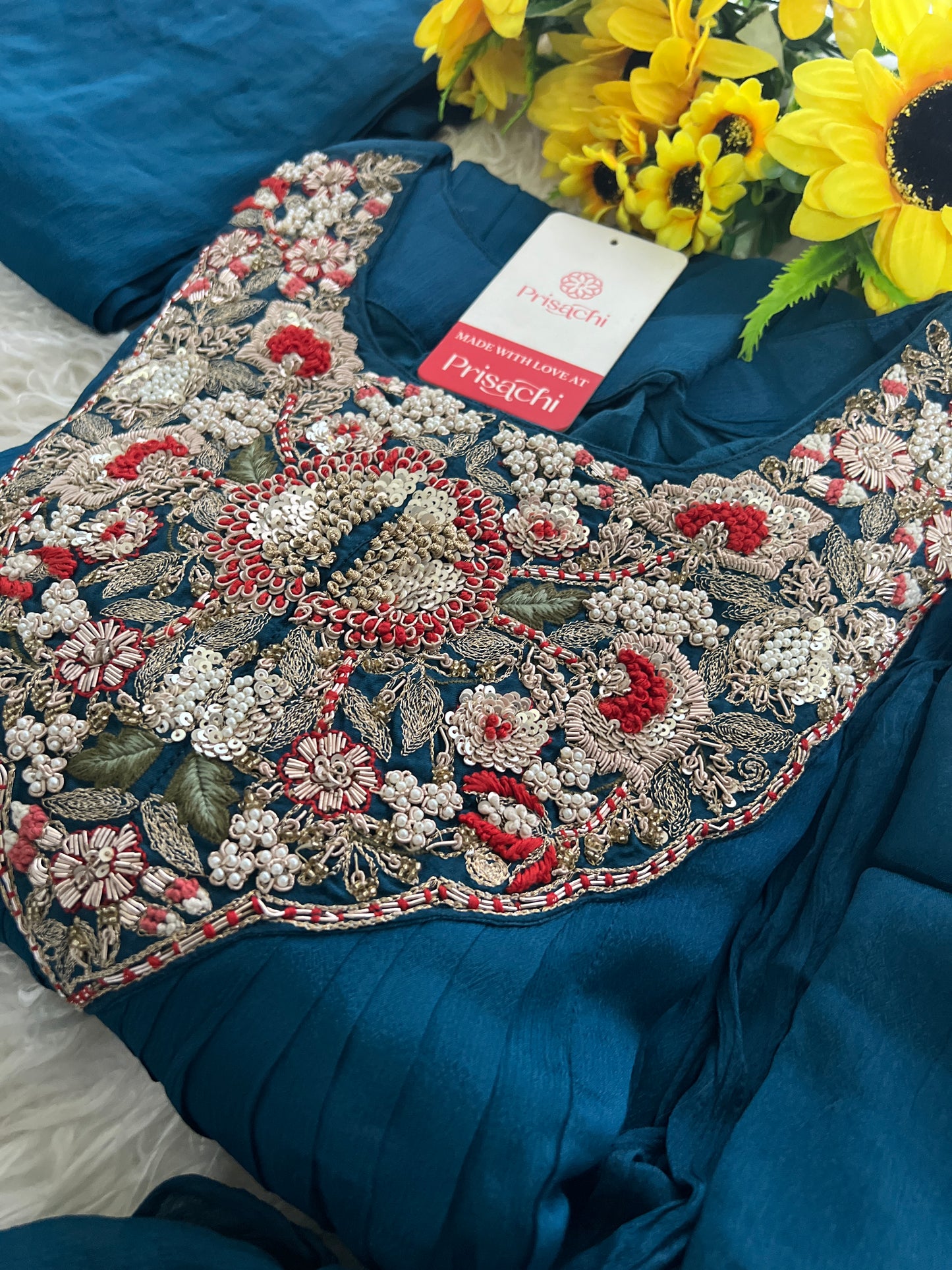 Blue embroidered Aline kurta set with dupatta