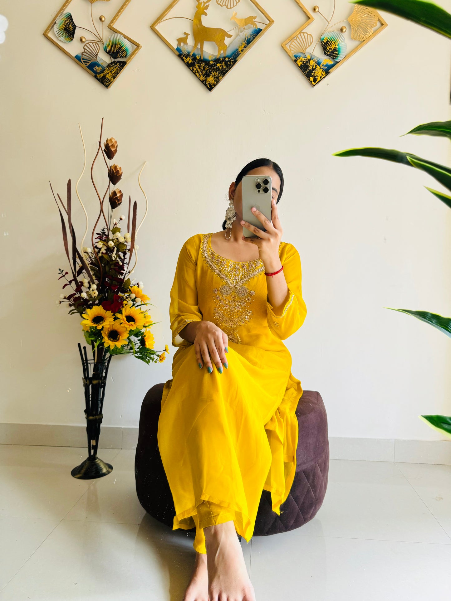 Yellow Embroidered kurta set with Contrast Pink dupatta