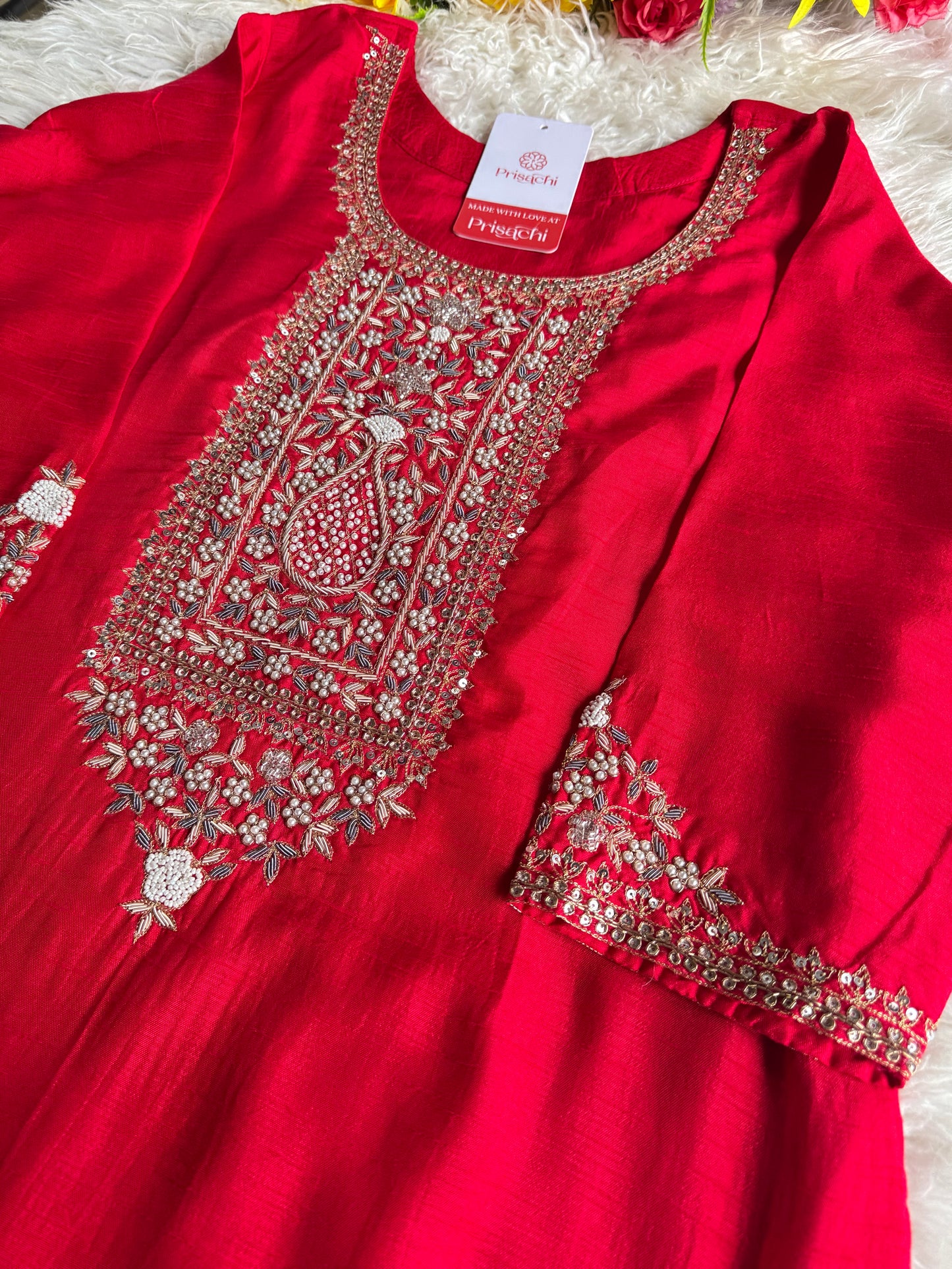 Red designer embroidered kurta set with dupatta
