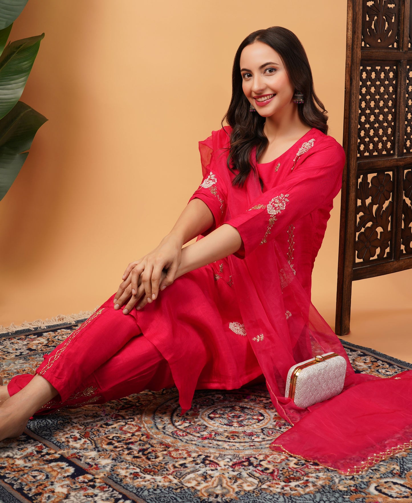 Pink Designer Embroidered kurta set with dupatta