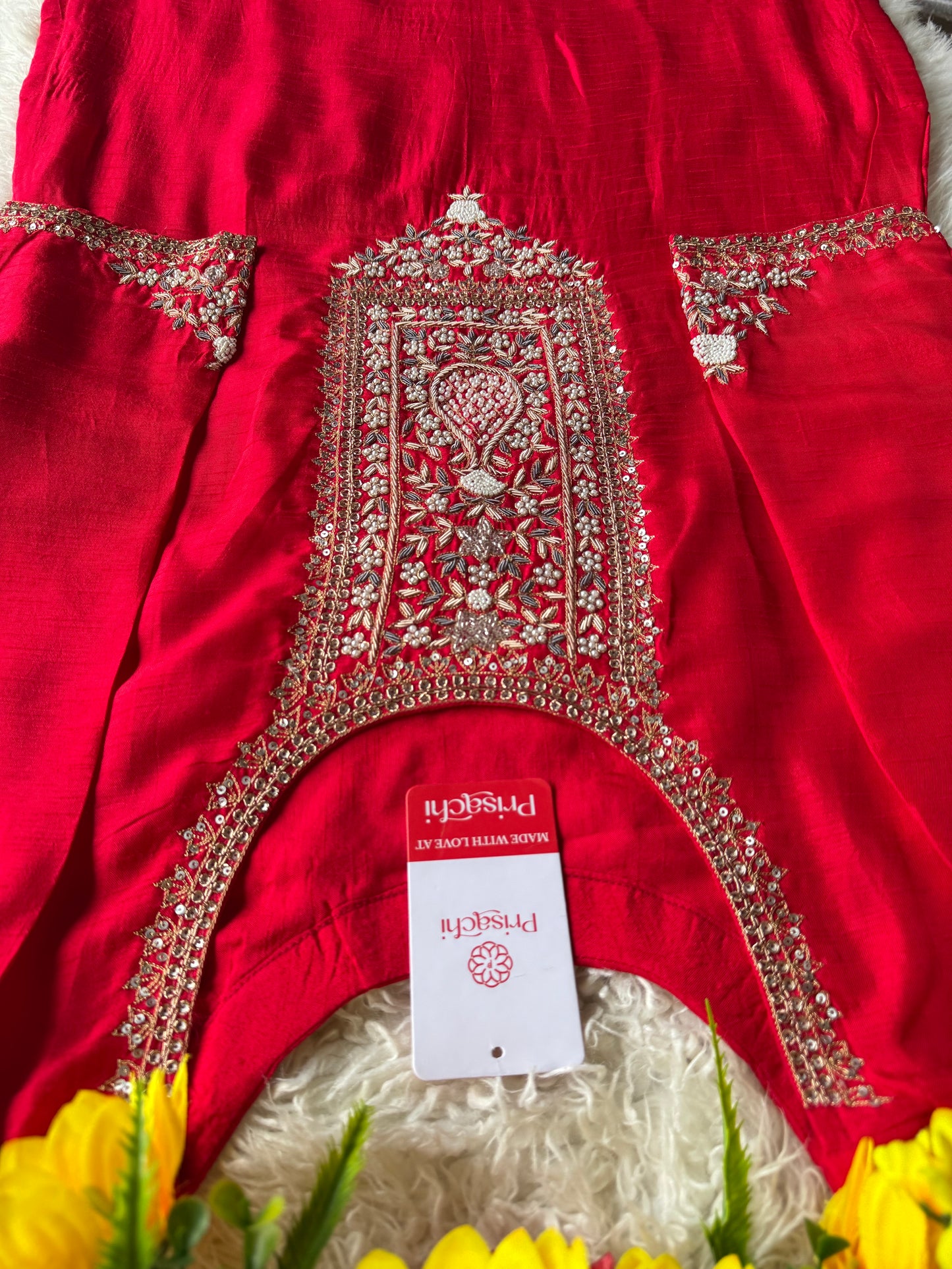 Red designer embroidered kurta set with dupatta