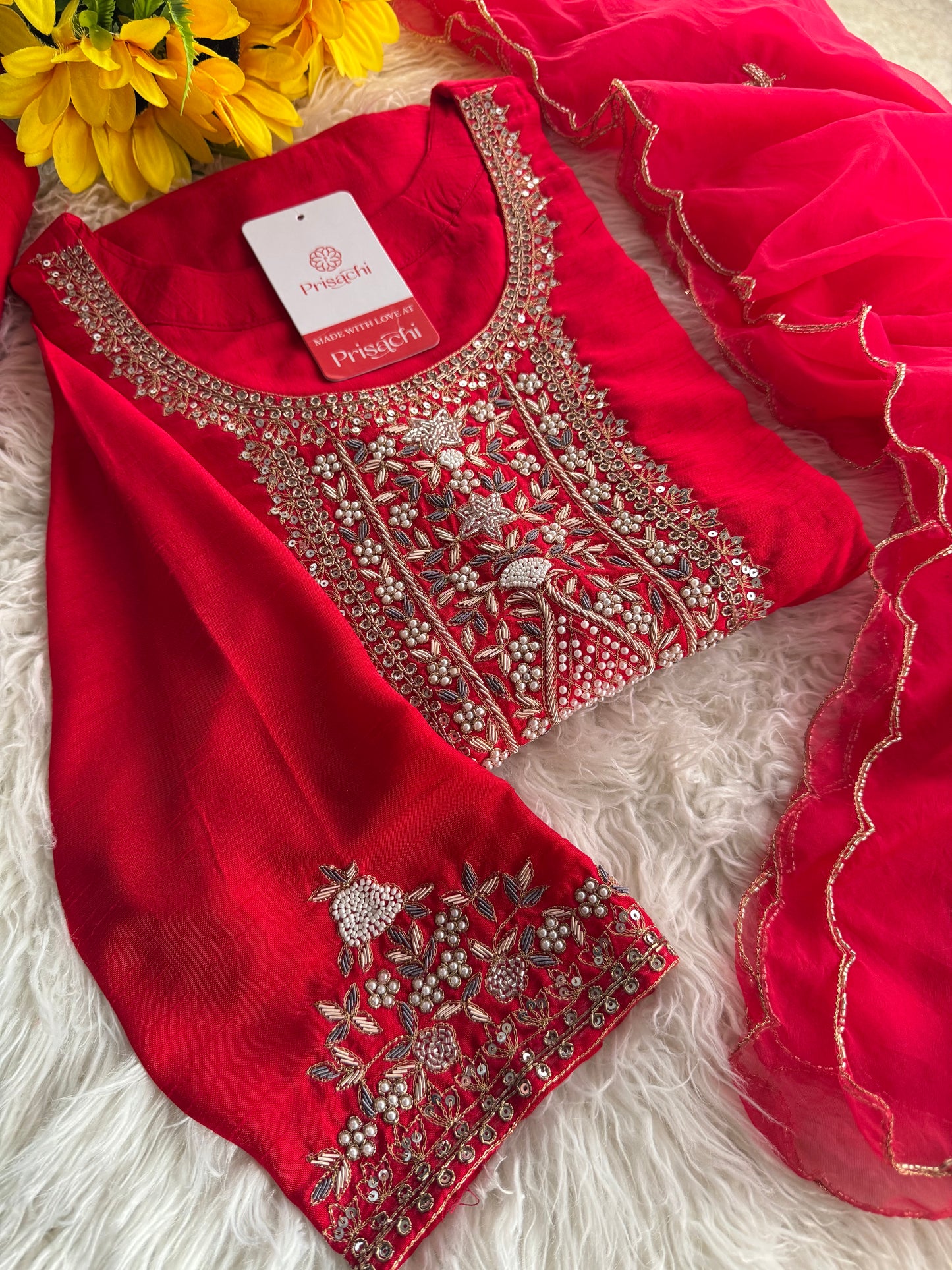 Red designer embroidered kurta set with dupatta