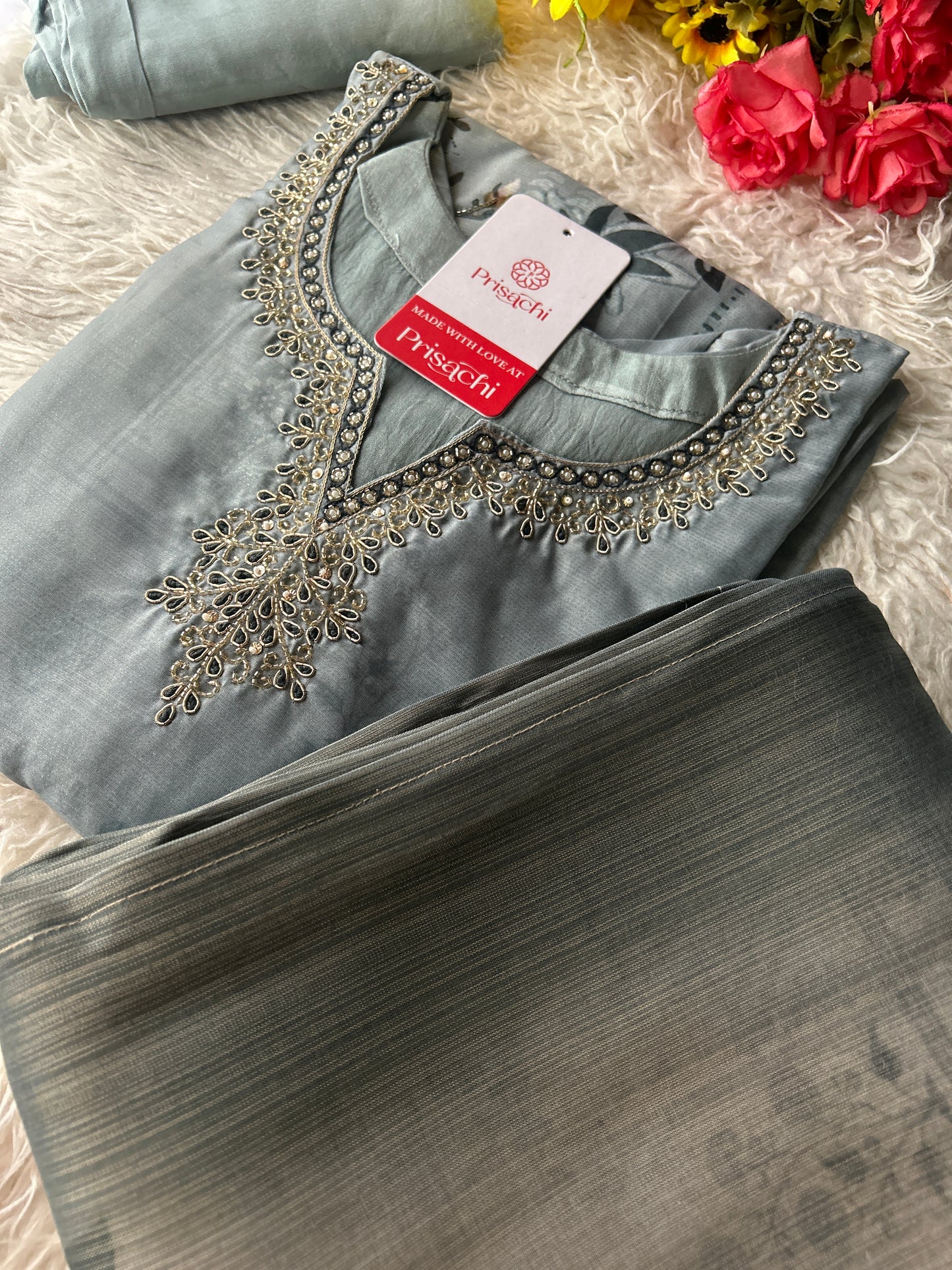 Gray embroidered kurta set with dupatta