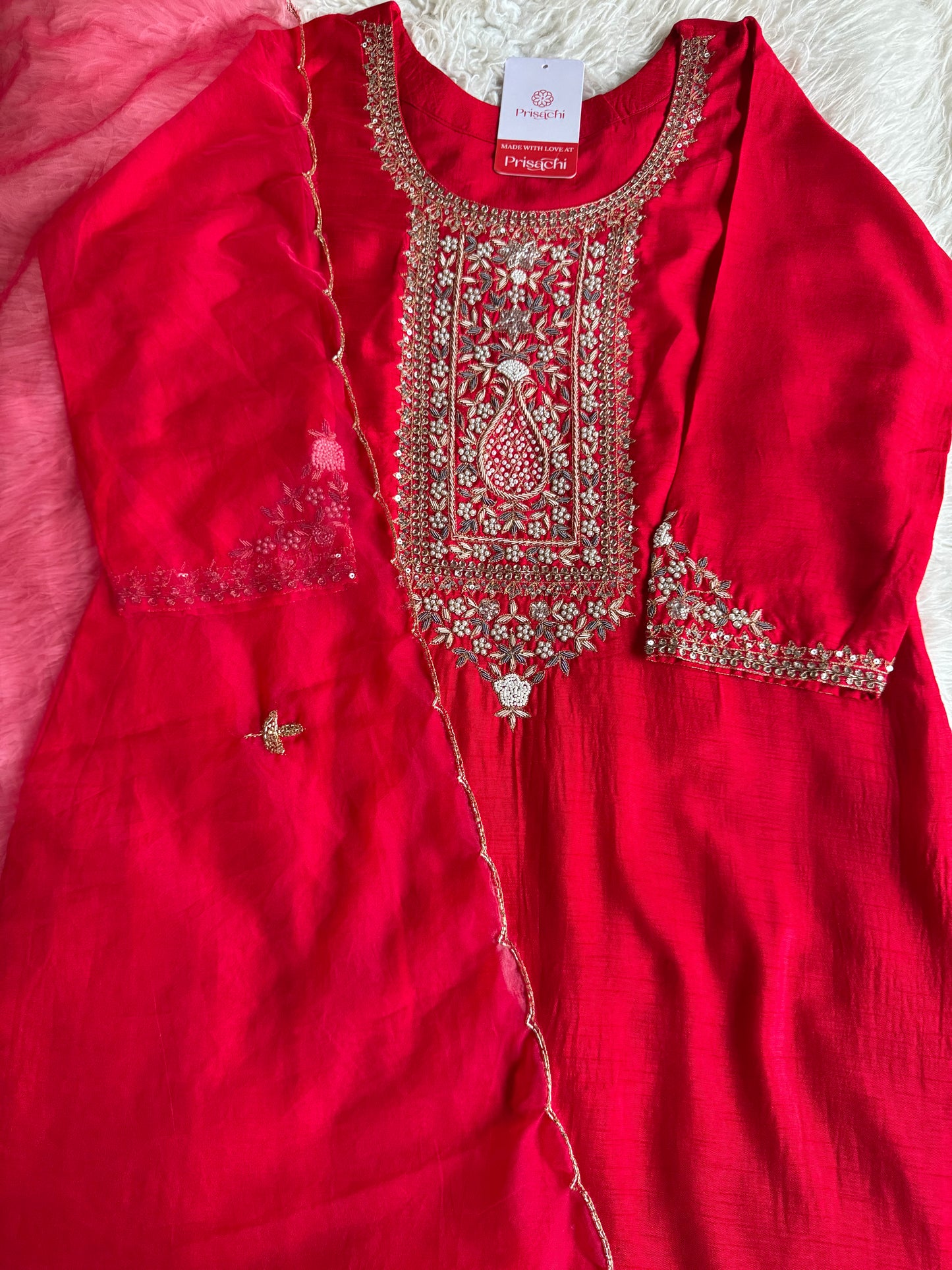 Red designer embroidered kurta set with dupatta