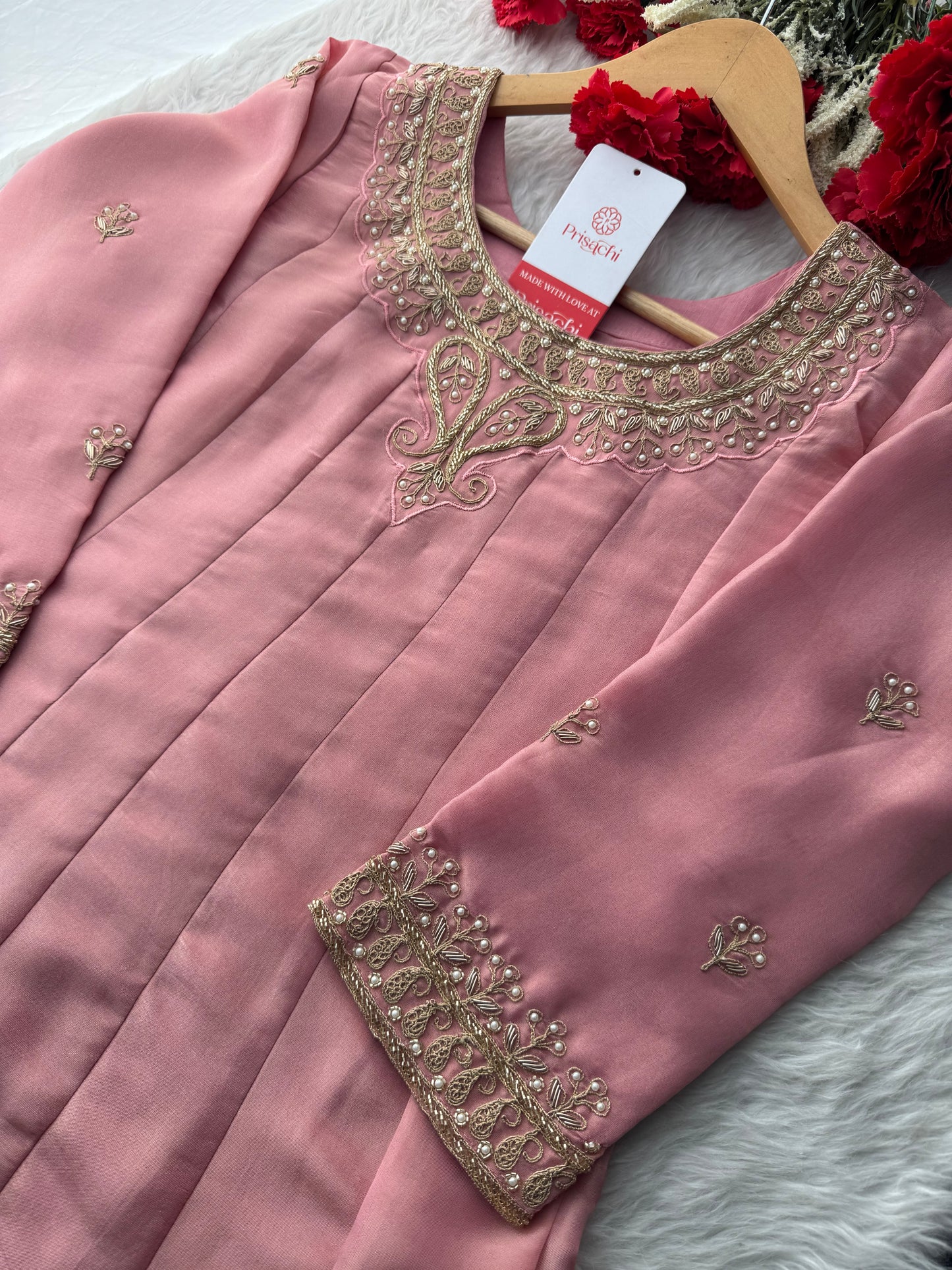 Pink A-Line Embroidered Kurta Set for Women with Pants & Embroidered Dupatta - Prisachi Official