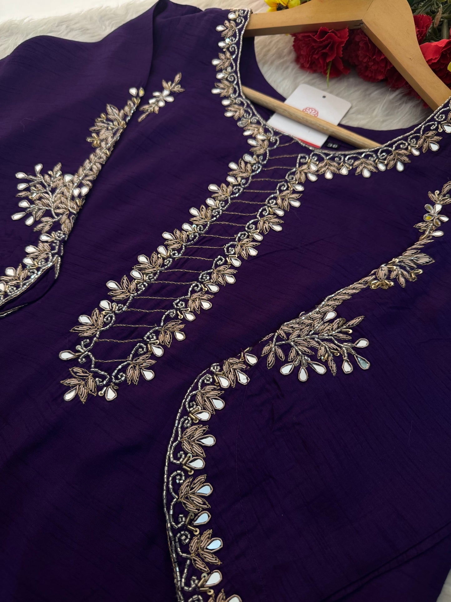 Purple Mirror Work Ethnic Embroidered Kurta Set with Dupatta & Pants - Prisachi Official