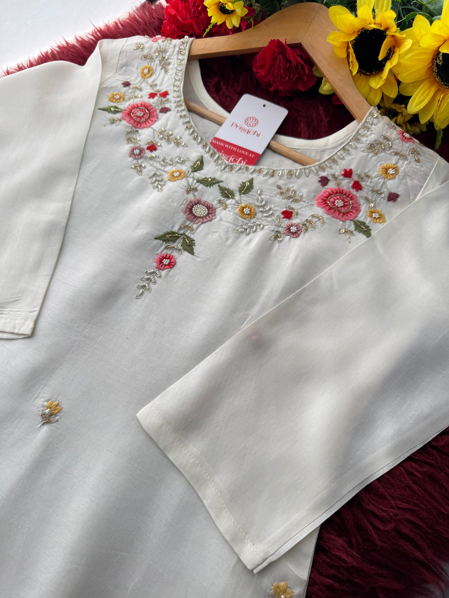 Prisachi Women’s White Floral Thread Embroidered Kurta Set with Dupatta & Pants - Prisachi Official