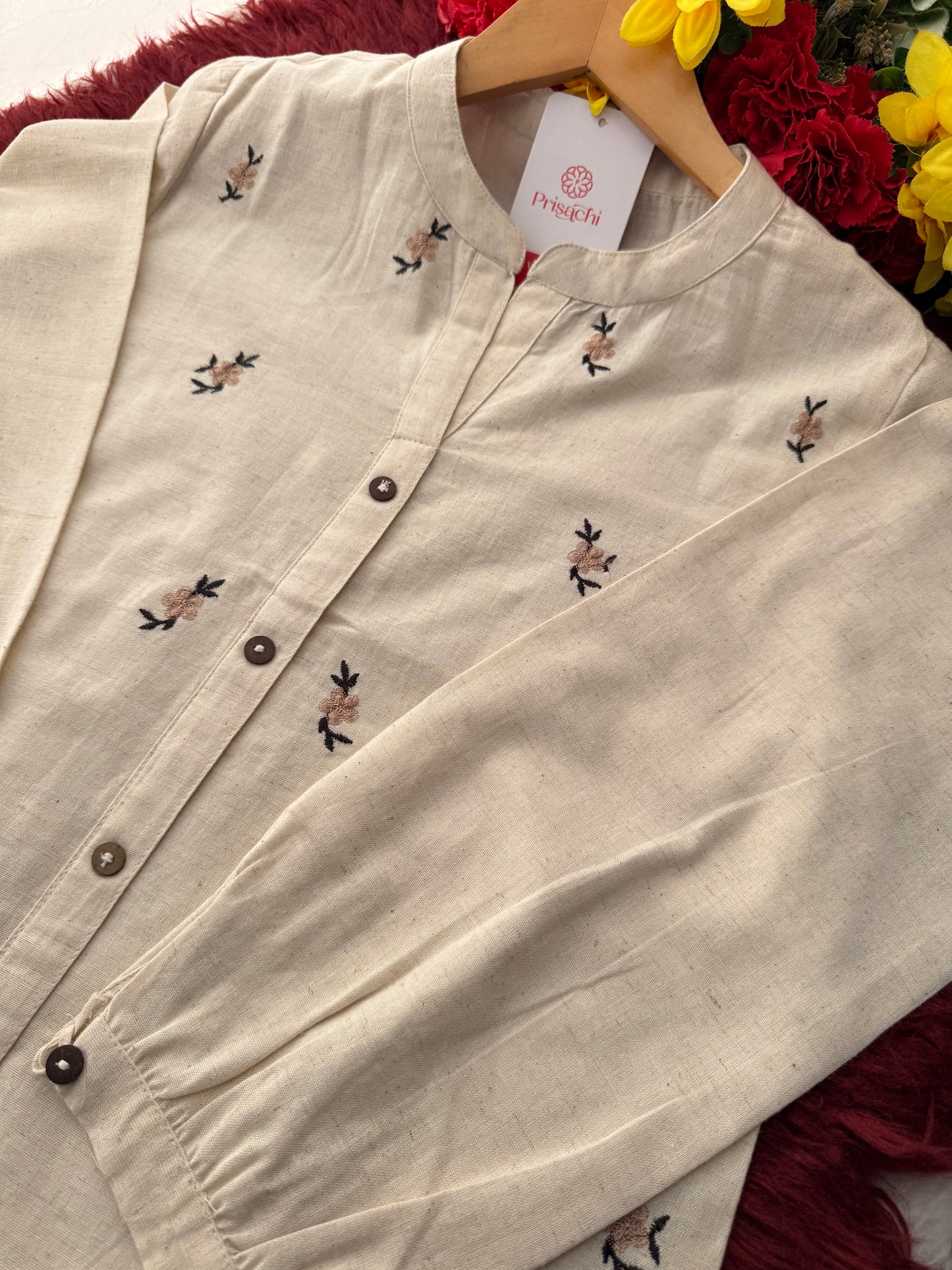 Off White Short Kurti for Women with Mandarin Collar & Floral Thread Embroidery - Prisachi Official