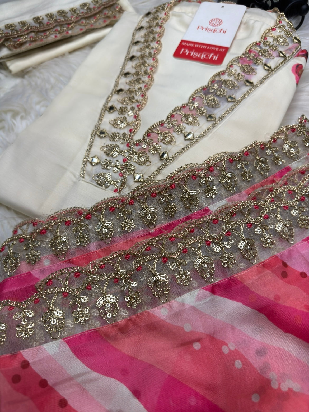 Off White Lilac silk kurta set with Mary Pink dupatta - Prisachi Official