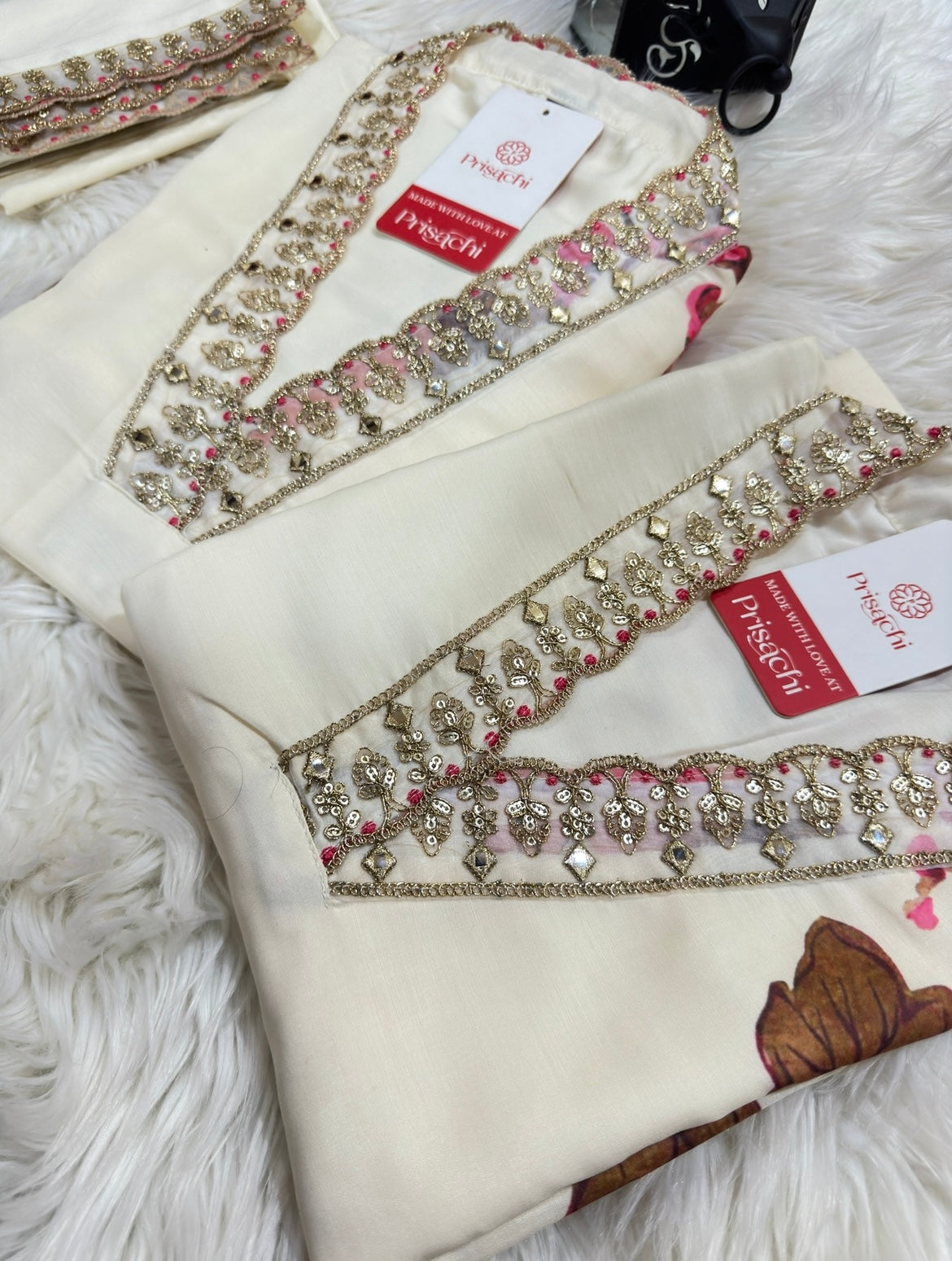 Off White Lilac silk kurta set with Mary Pink dupatta - Prisachi Official