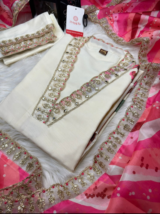 Off White Lilac silk kurta set with Mary Pink dupatta - Prisachi Official