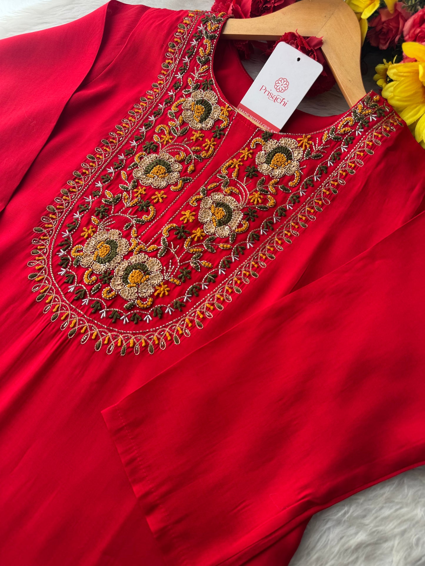 Red Embroidered Ethnic Kurta Set with Floral Printed Dupatta & Pants - Prisachi Official