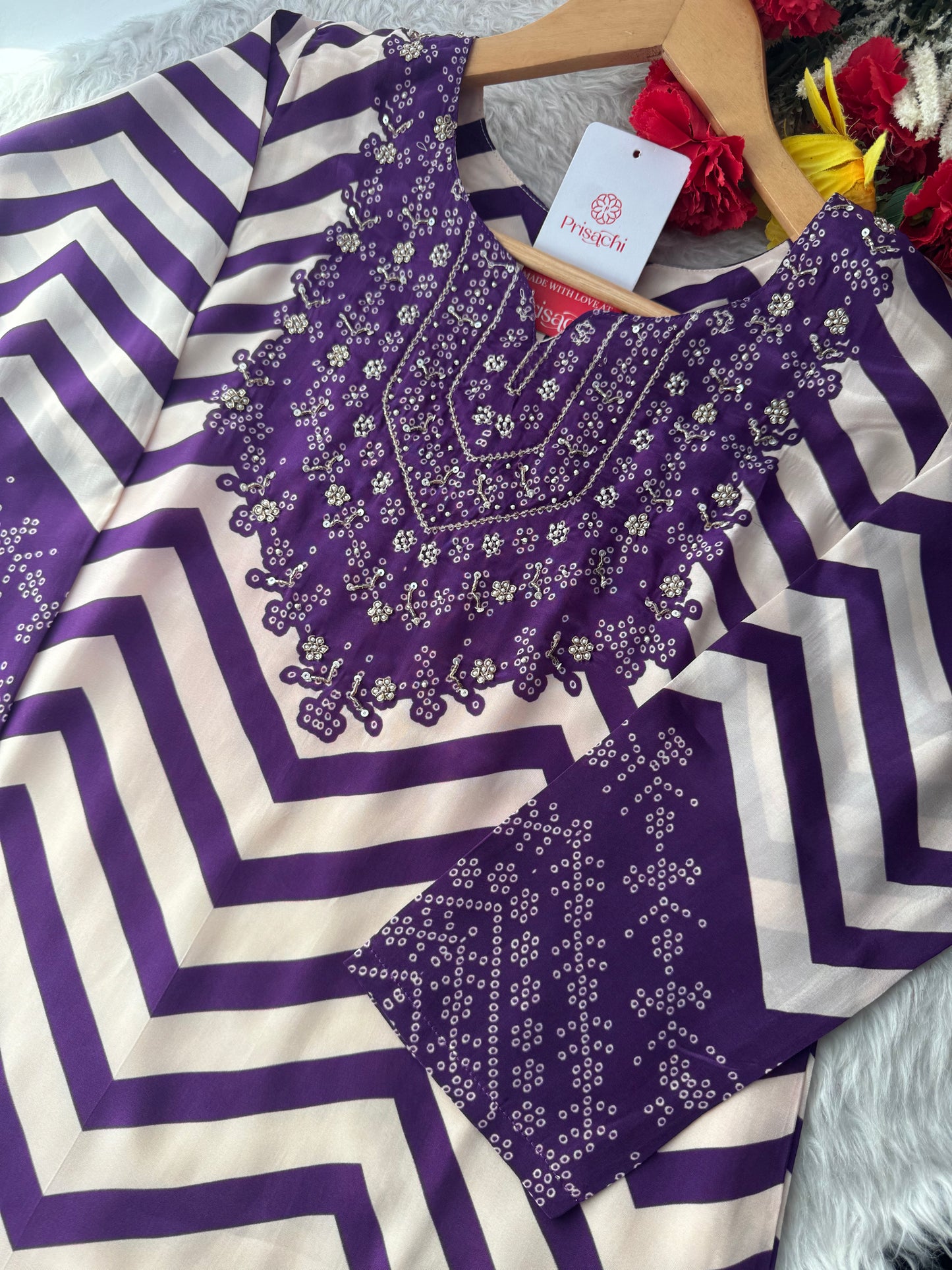 Purple Chevron Print Kurta Set with Pants & Dupatta| Embroidered Yoke Ethnic Office & Festive Wear - Prisachi Official