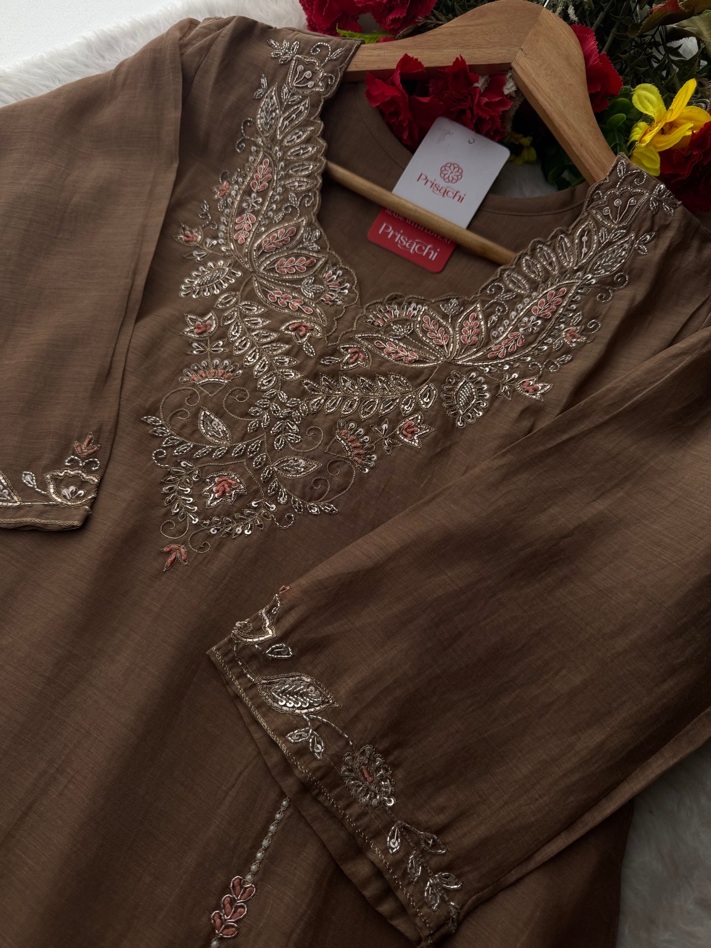 Designer Brown Embroidered A-Line Kurta Set with Dupatta & Pants - Prisachi Official