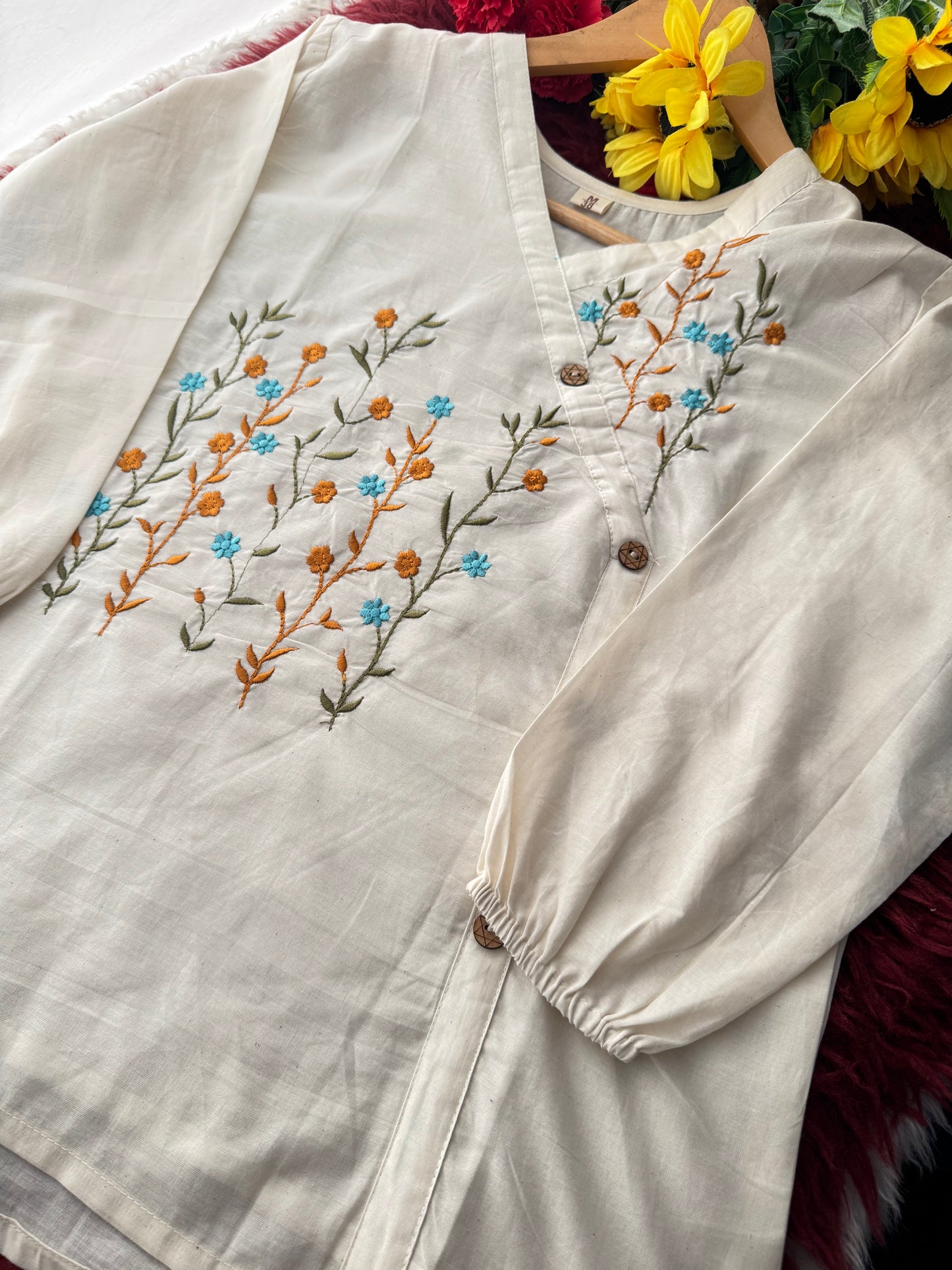 Off White Floral Thread Embroidered Tunic Top for Women | A-Line Short Kurti | Casual Office Wear