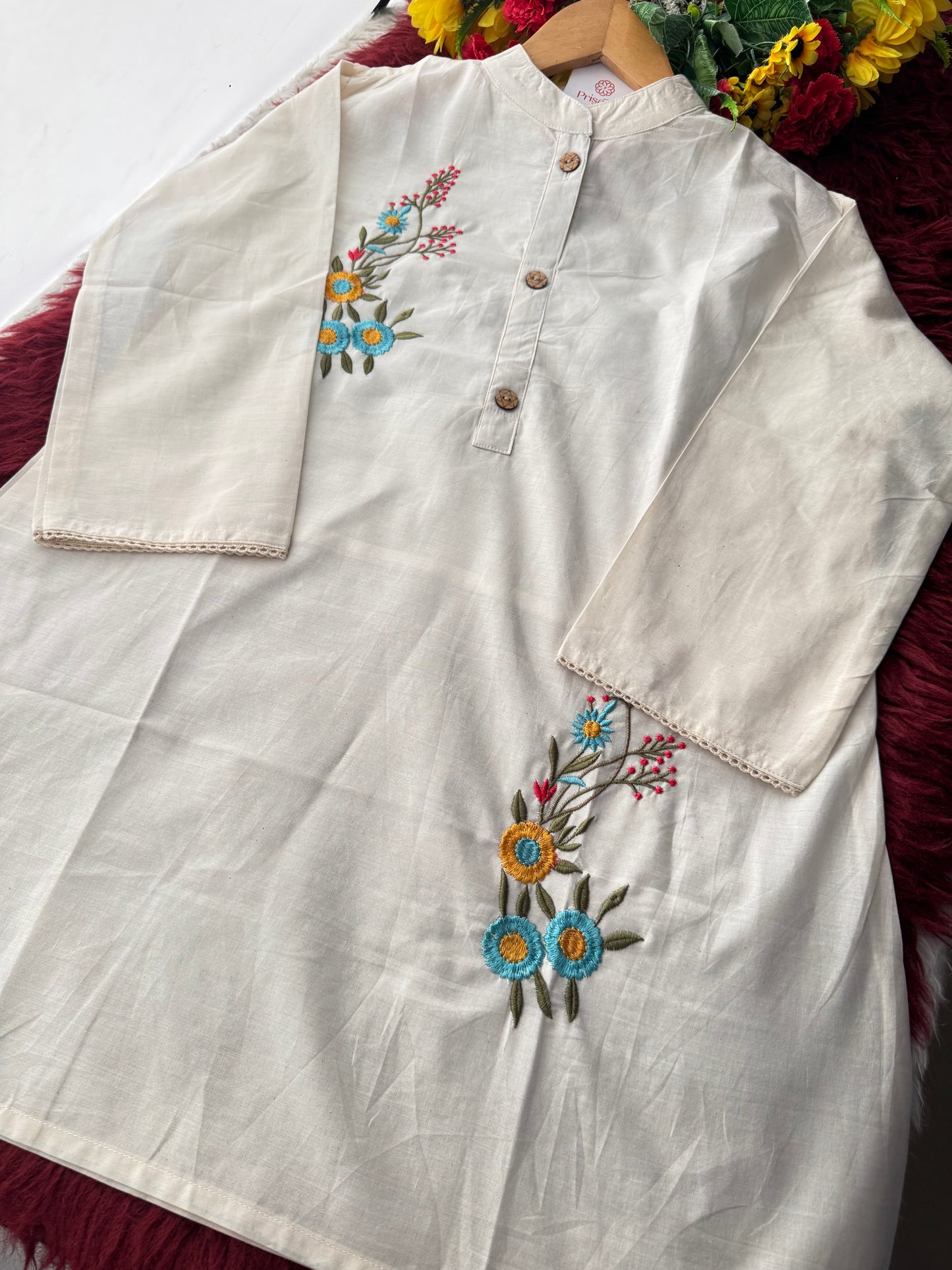 Off White Floral Thread Embroidered Short Kurti for Women | A-Line Fit Ethnic Wear