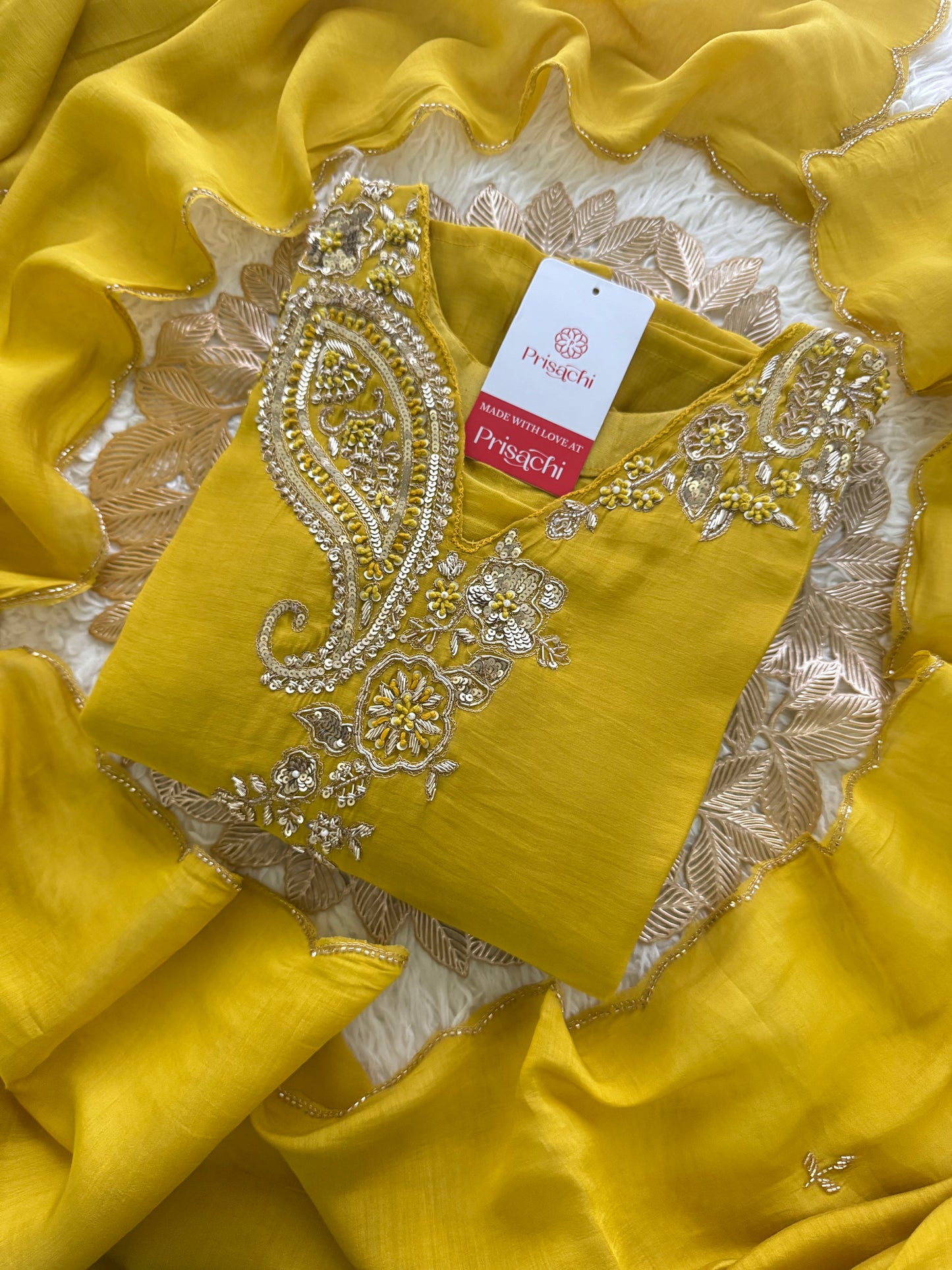 Yellow Designer Embroidered kurta set with pant with dupatta