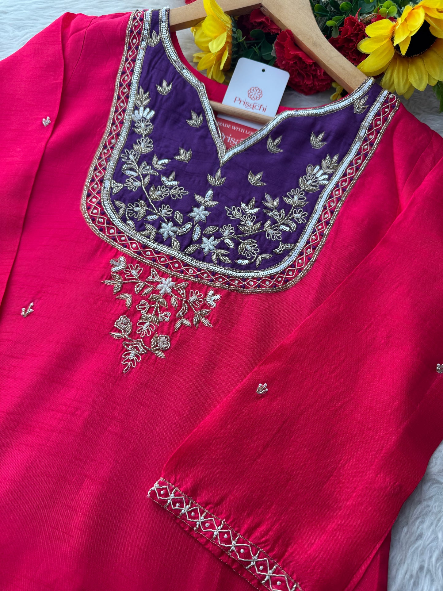 Pink Zardozi Embroidered Kurta Set for Women with Pants & Dupatta | Traditional Ethnic Wear