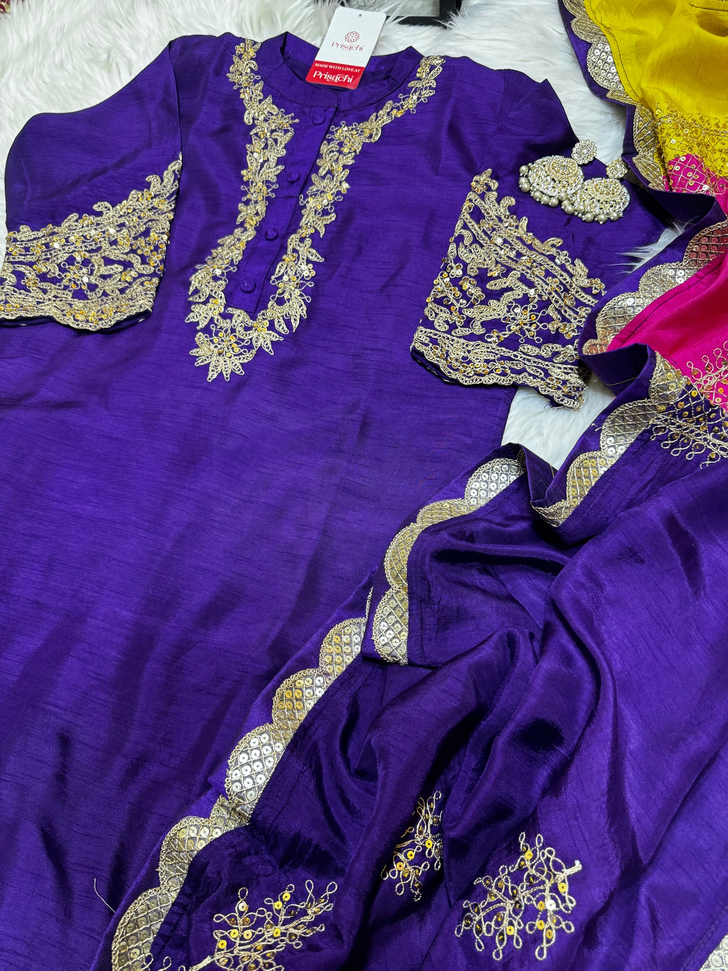 Purple Embroidered straight kurta set with Multicolored dupatta - Prisachi Official