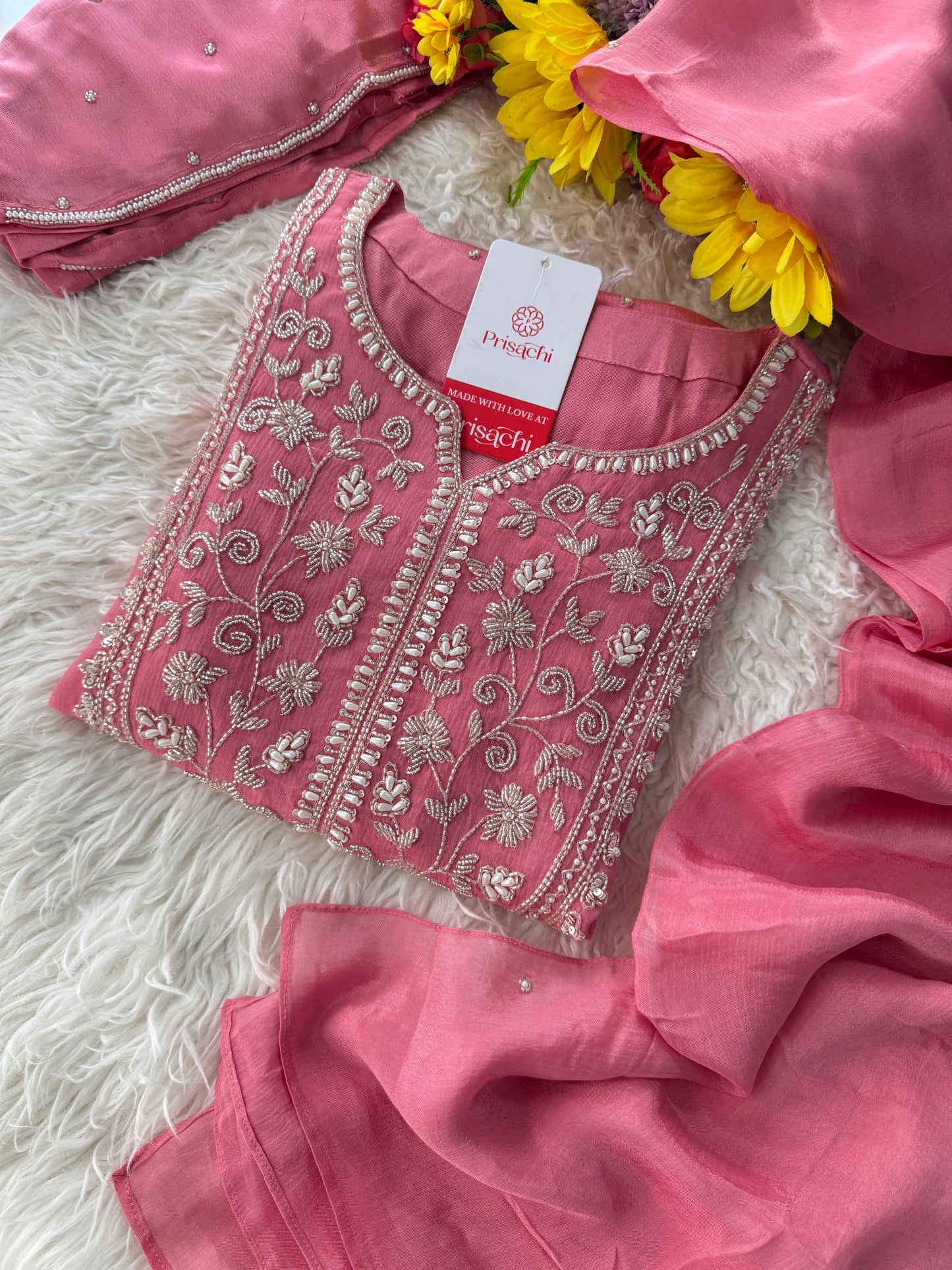 Pink Embroidered Ethnic Kurti Sharara Set with Dupatta - Prisachi Official