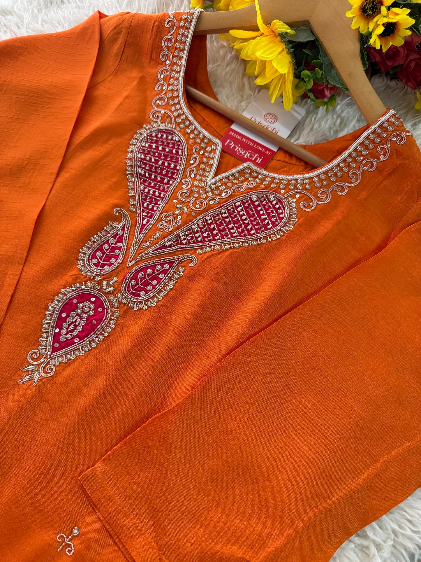 Orange Designer Embroidered Kurta Set for Women with Dupatta & Pants - Prisachi