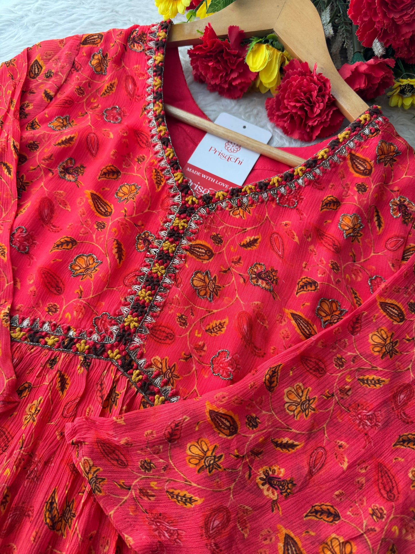 Pink Floral Embriodered Anarkali Kurta Set with Dupatta and Pants | Ethnic Festive Wear for Women