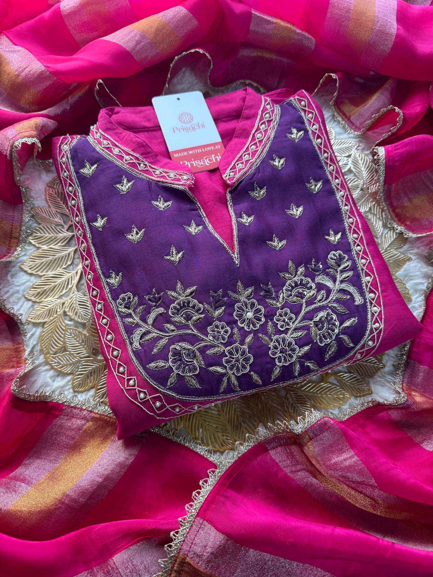 Pink hand embroidered A Line kurta pant with dupatta