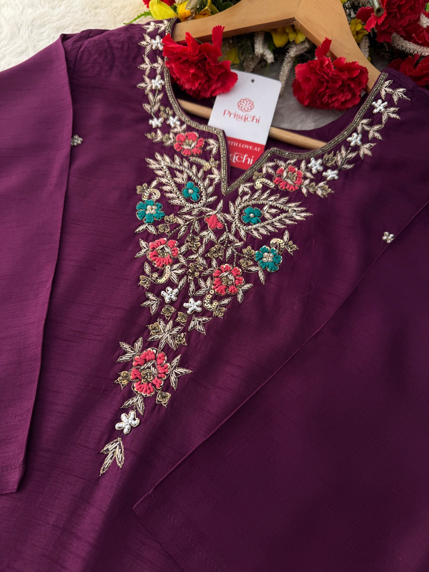 Purple Zardozi Embroidered Kurta Set with Pants & Banarasi Dupatta| Traditional Ethnic wear