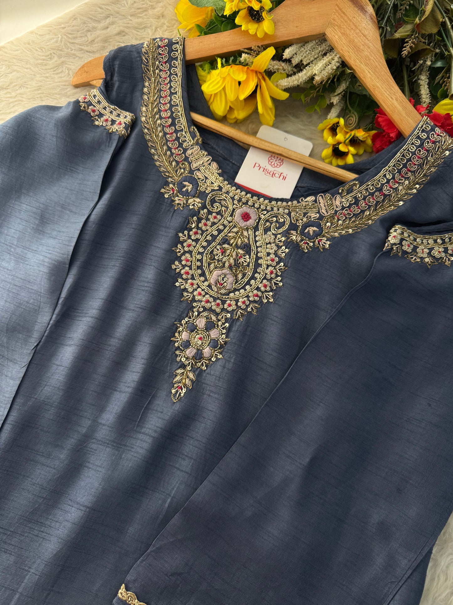 Designer Zardozi Embroidered Kurta Set with Pants & Dupatta for Women | Ethnic Festive & Wedding Wear