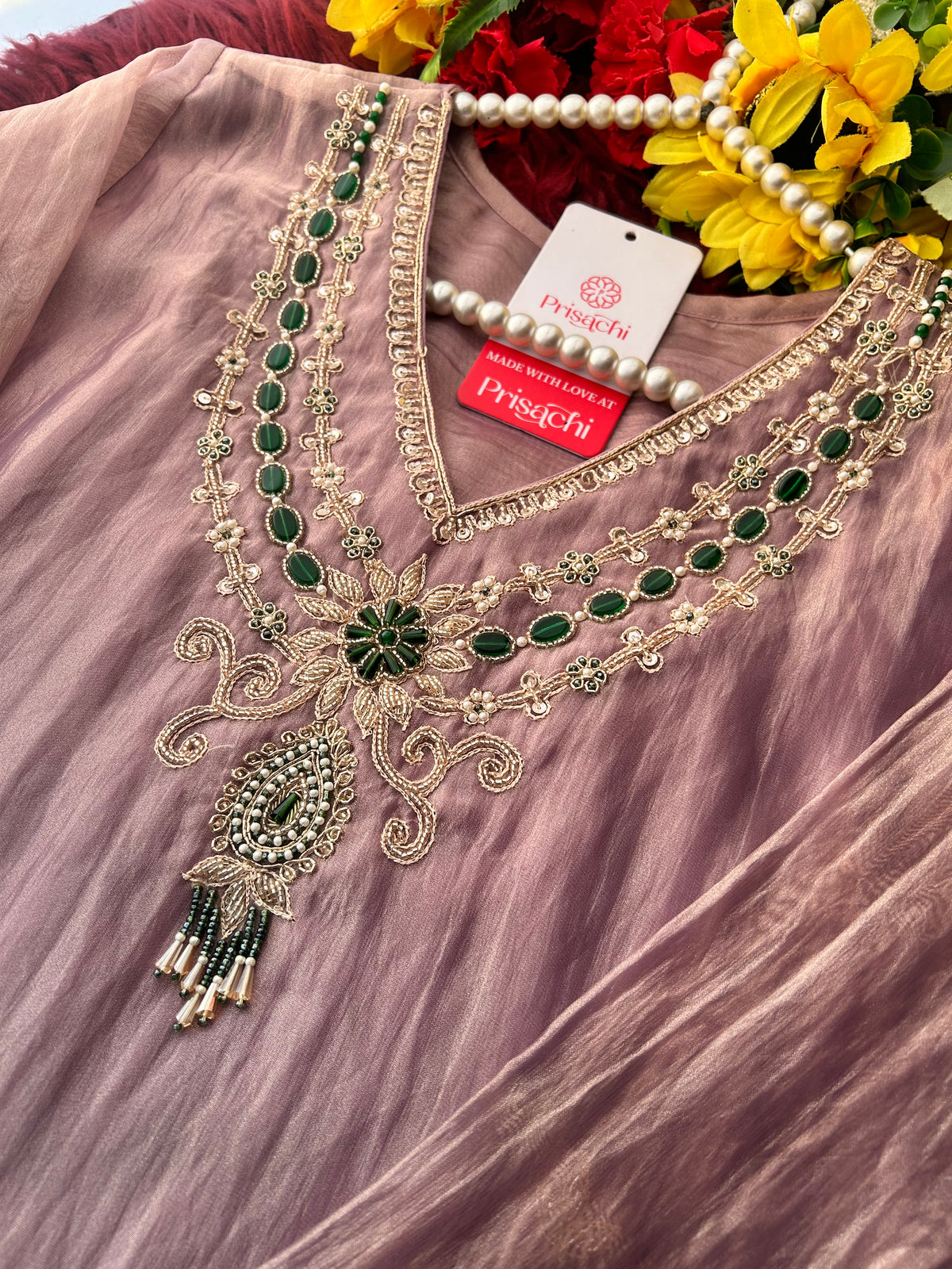 Mauve Zardozi Embroidered Ethnic A-Line Kurta Set With Palazzo Pants | Festive & Party wear