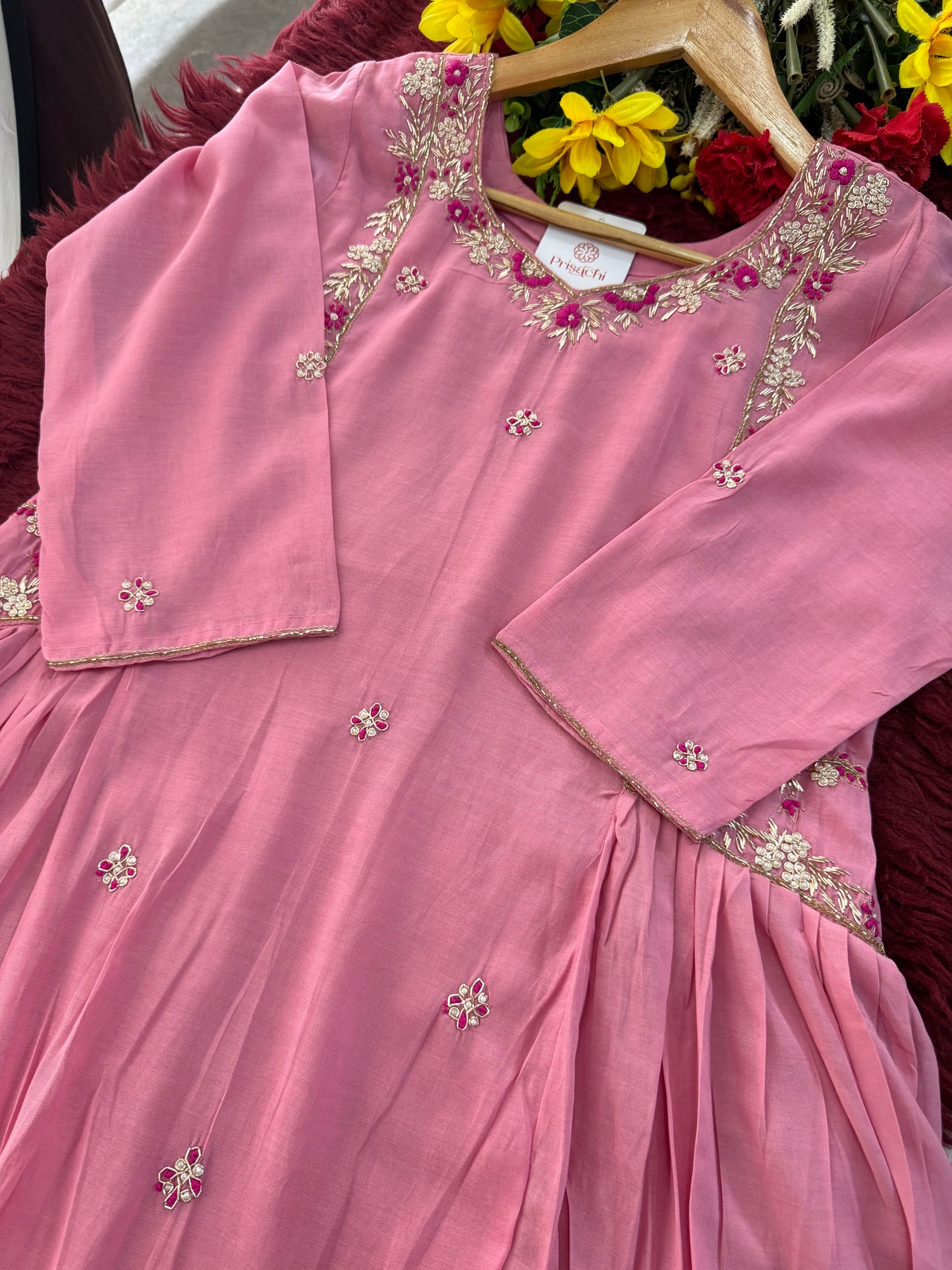 Designer Pink Zardozi Embroidered A-Line Ethnic Kurta Set with Dupatta & Pants