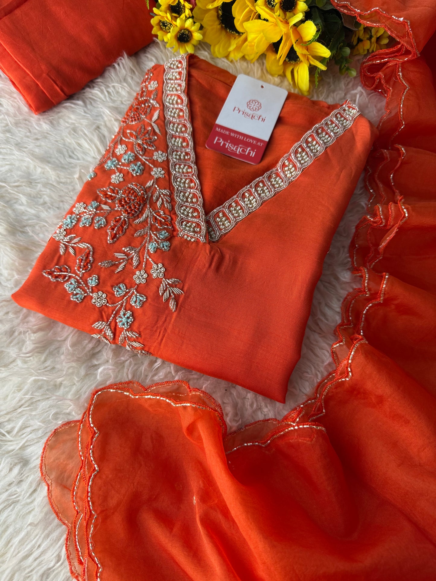 Orange Embroidered Kurta set with dupatta & Pant