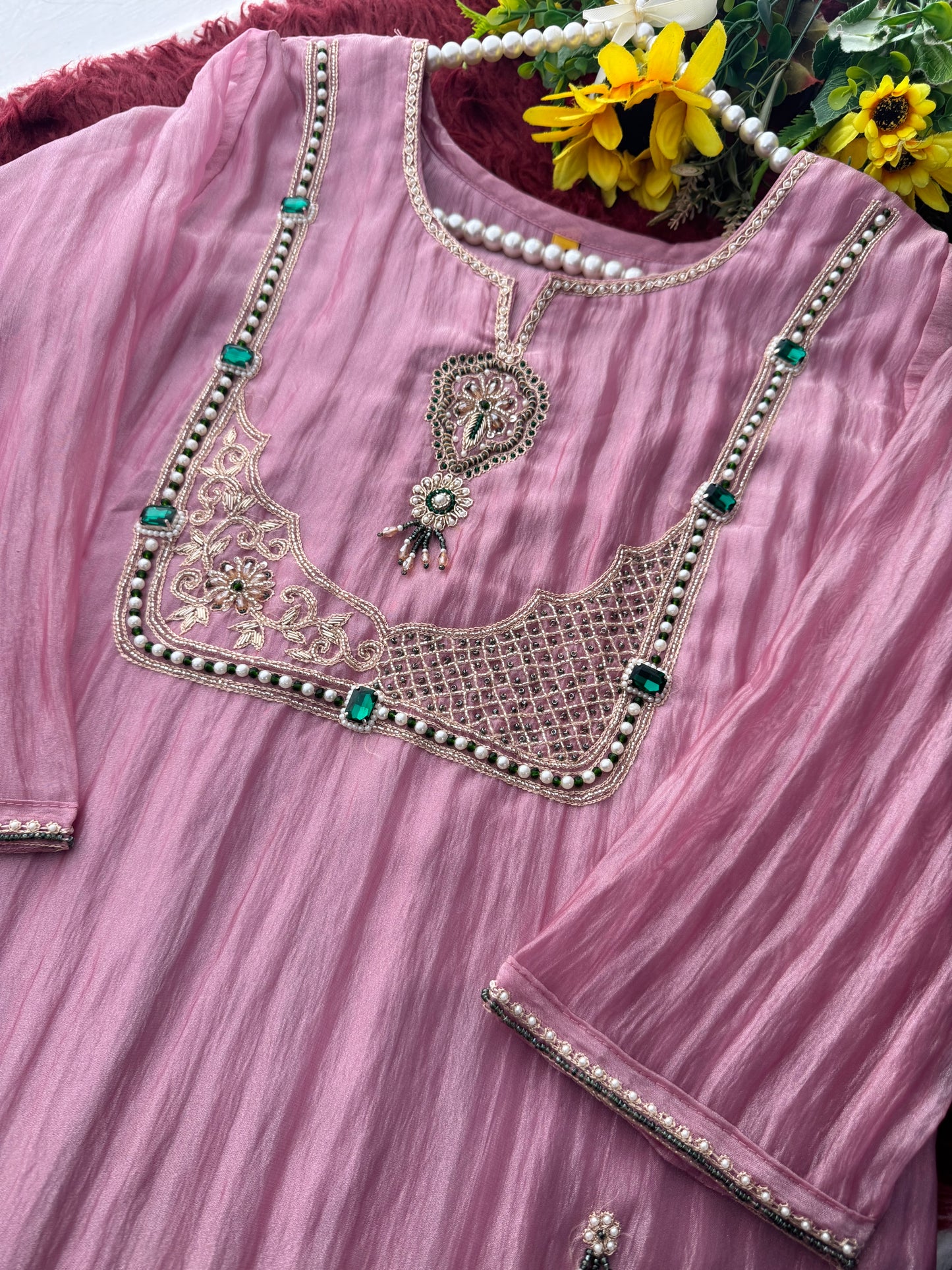 Pink Zardozi Embroidered Ethnic A-Line Kurta Set for Women with Pants & Dupatta