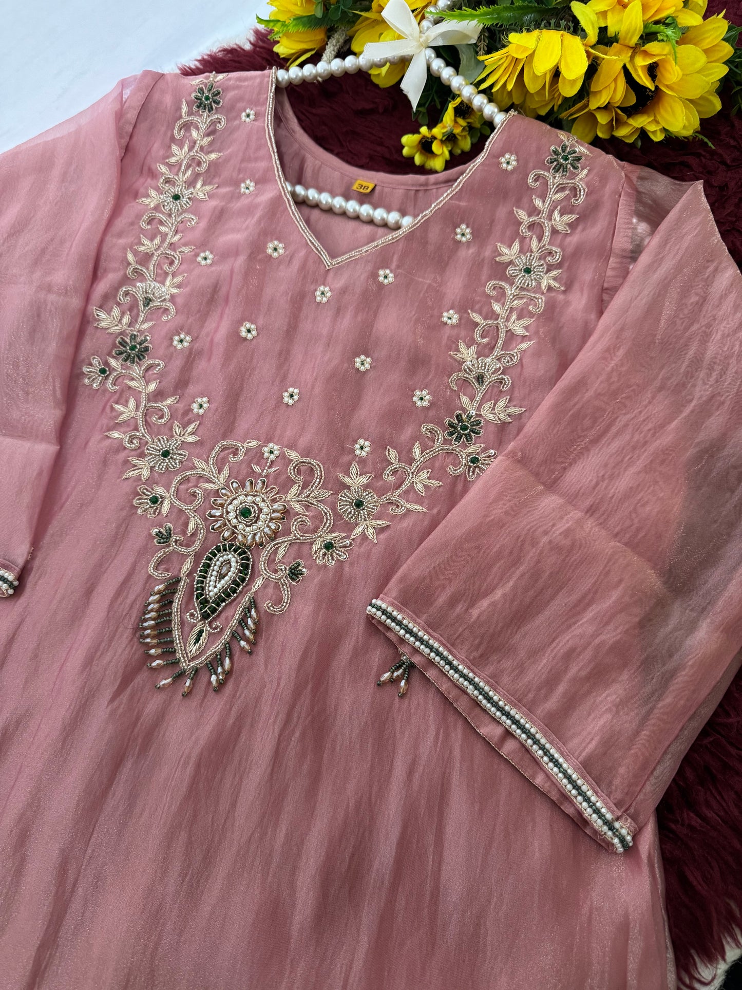 Rose Pink Zardozi Embroidered Ethnic Kurta Set for Women with Pants & Dupatta