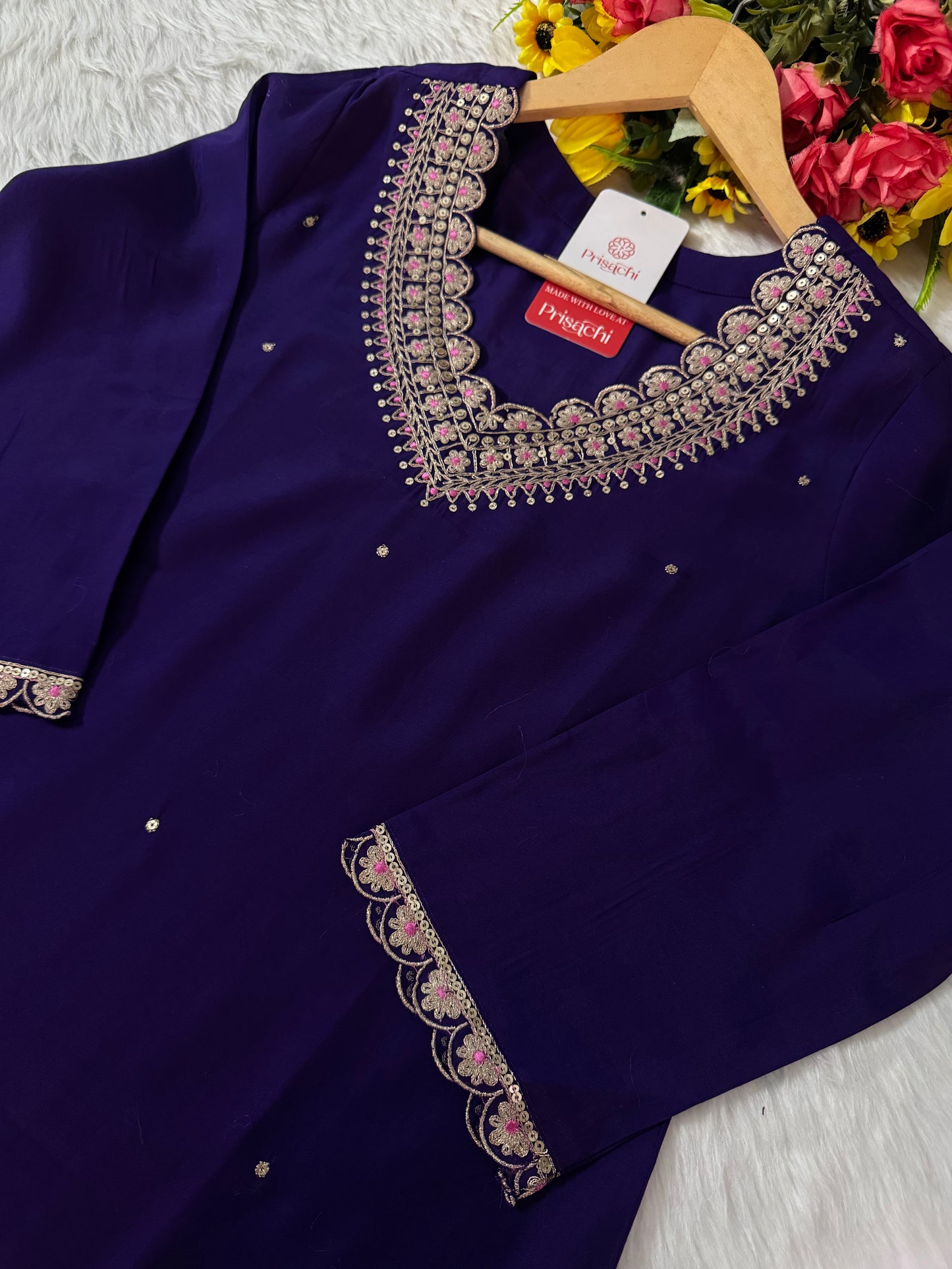 Purple Designer Embroidered Kurta set with dupatta and Pant - Prisachi Official