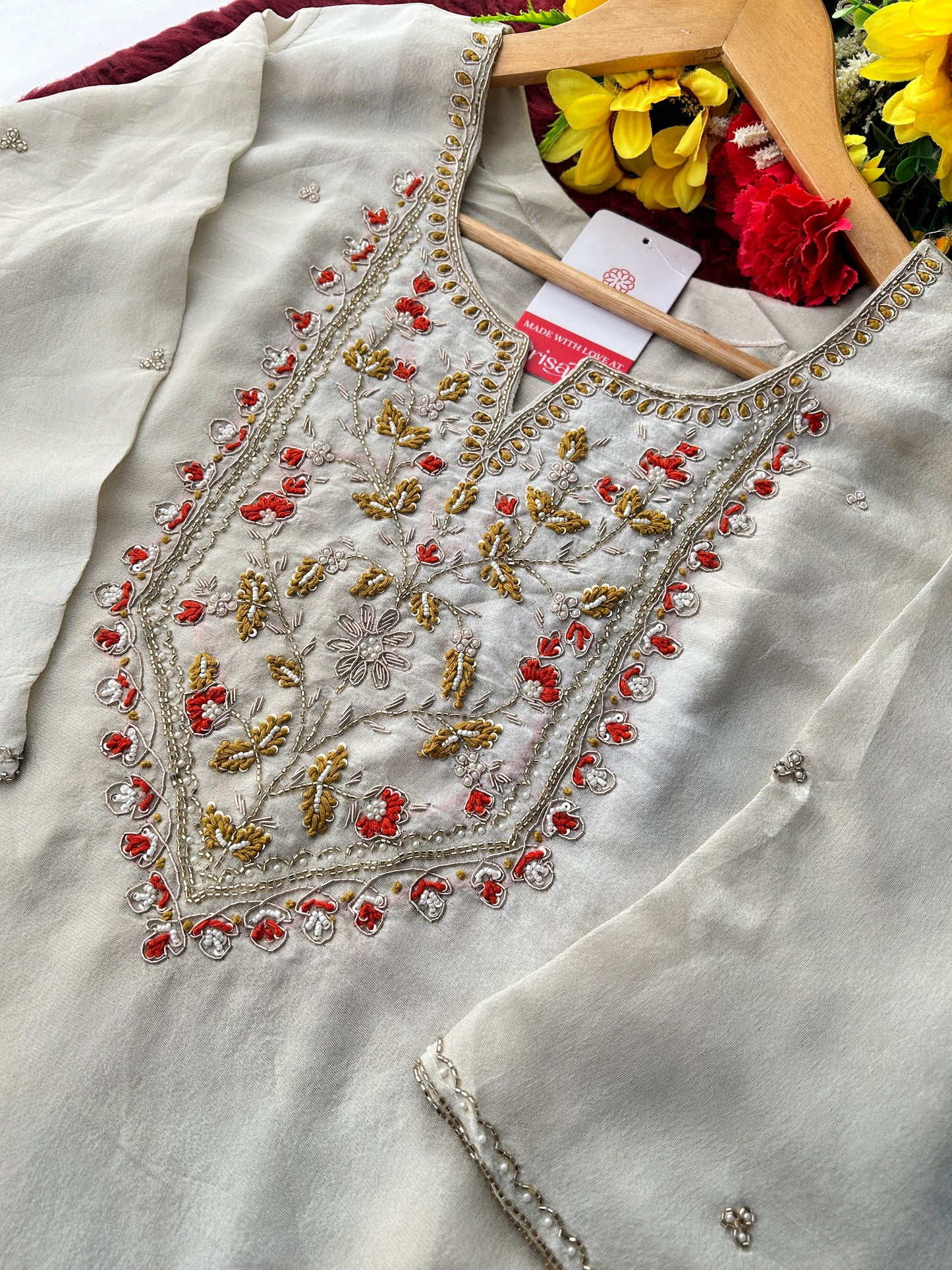Off White Embroidered Ethnic Kurta Set with Floral Printed Dupatta & Pants