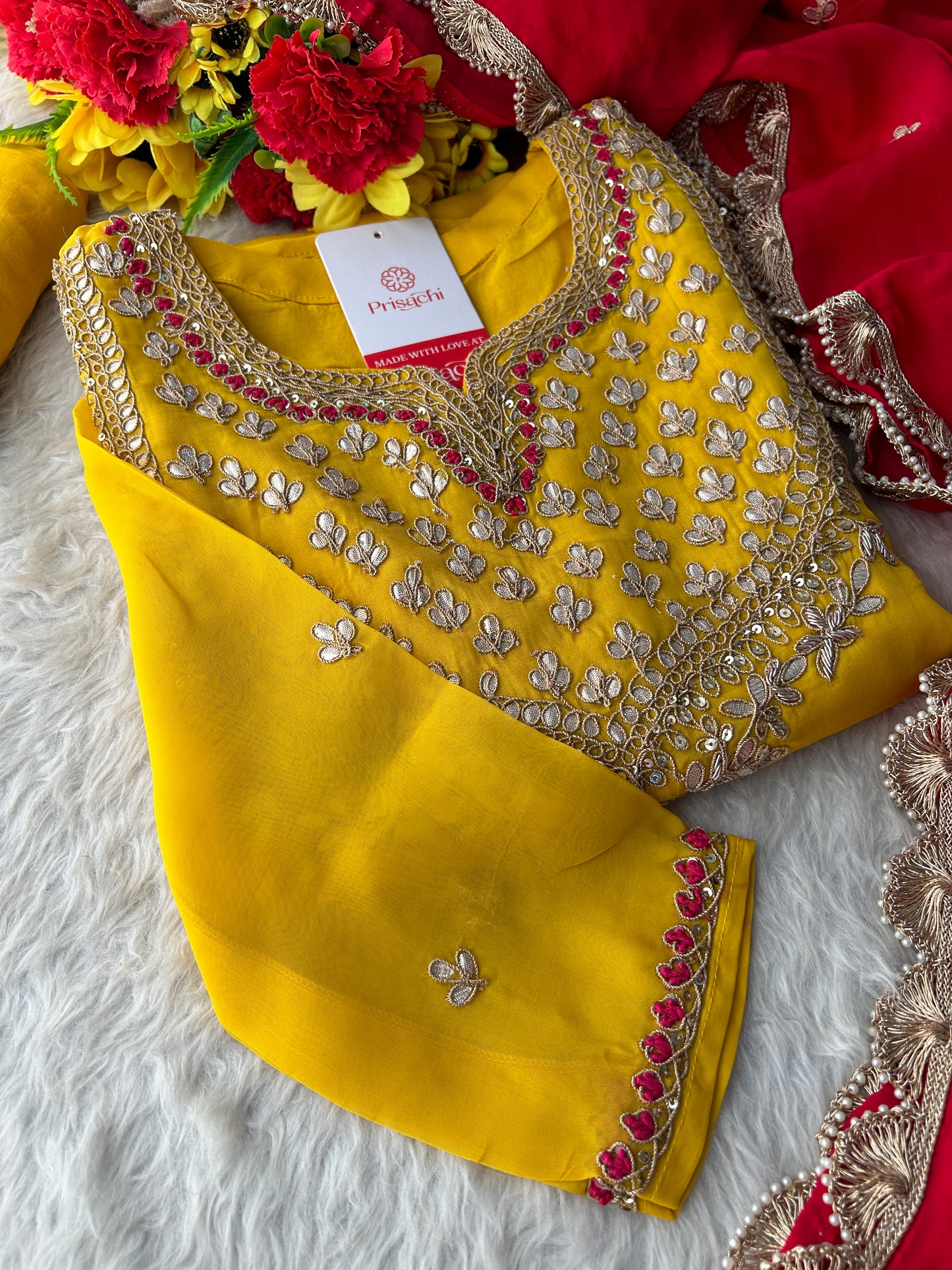 Yellow Embroidered Kurta Set with Pants & Pink Dupatta for Women | Designer Ethnic Wear