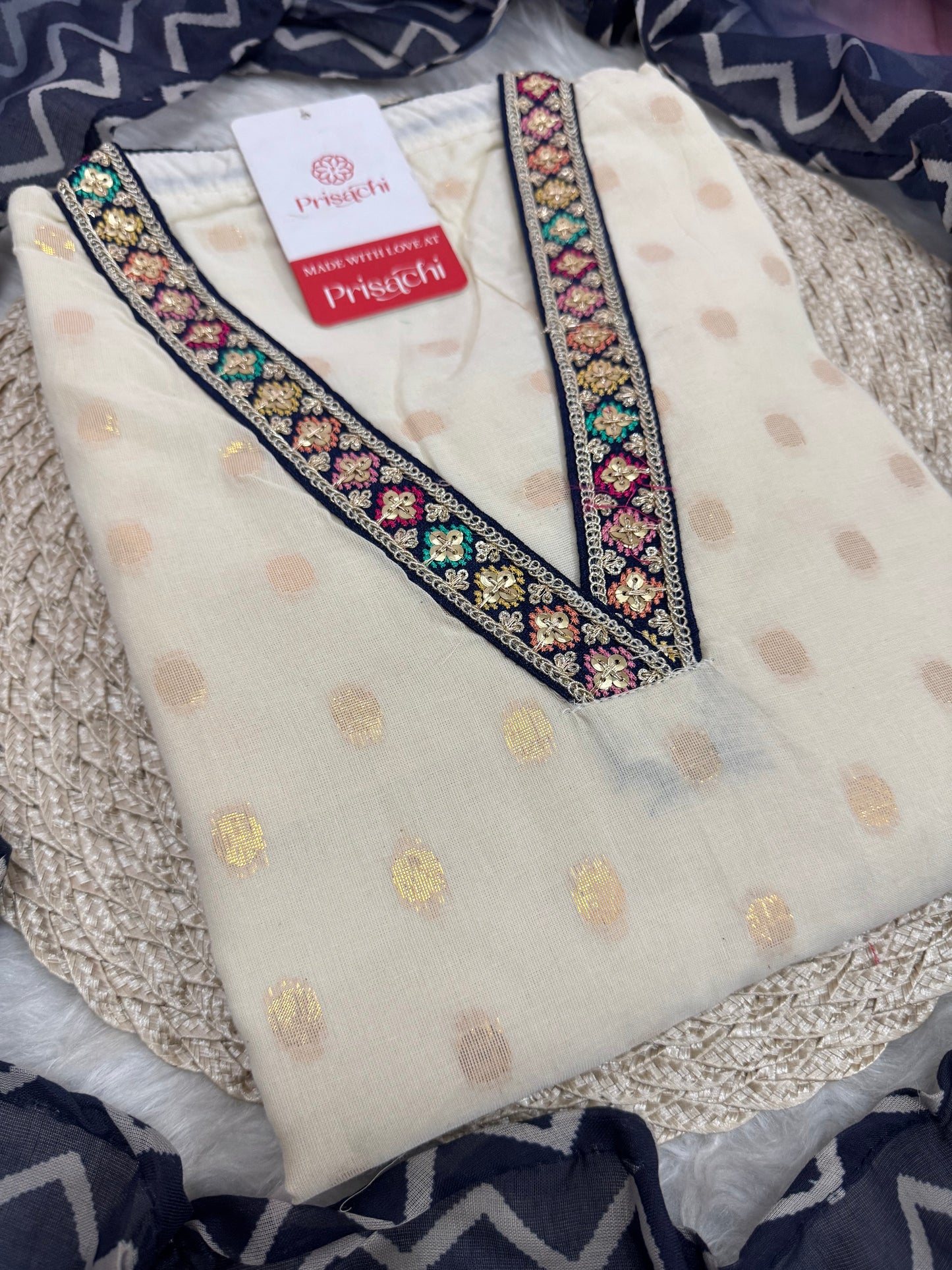 Off White Designer Embroidered Ethnic Kurta set with Pants and Dupatta - Prisachi Official