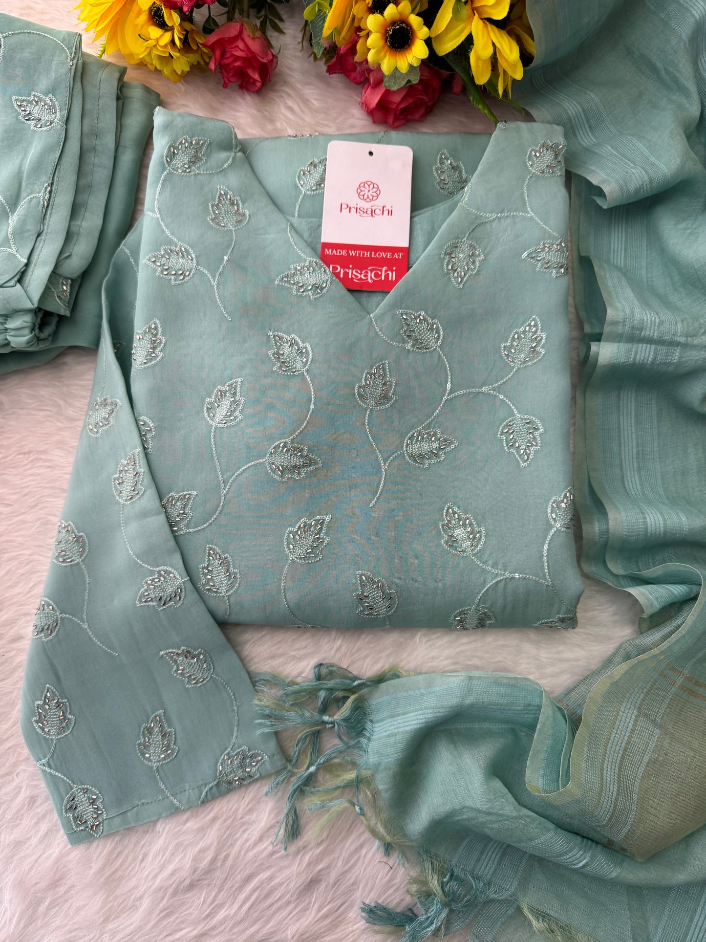 Sky Blue Embroidered Kurta Set with Pants and Dupatta – Elegant Ethnic Wear - Prisachi Official